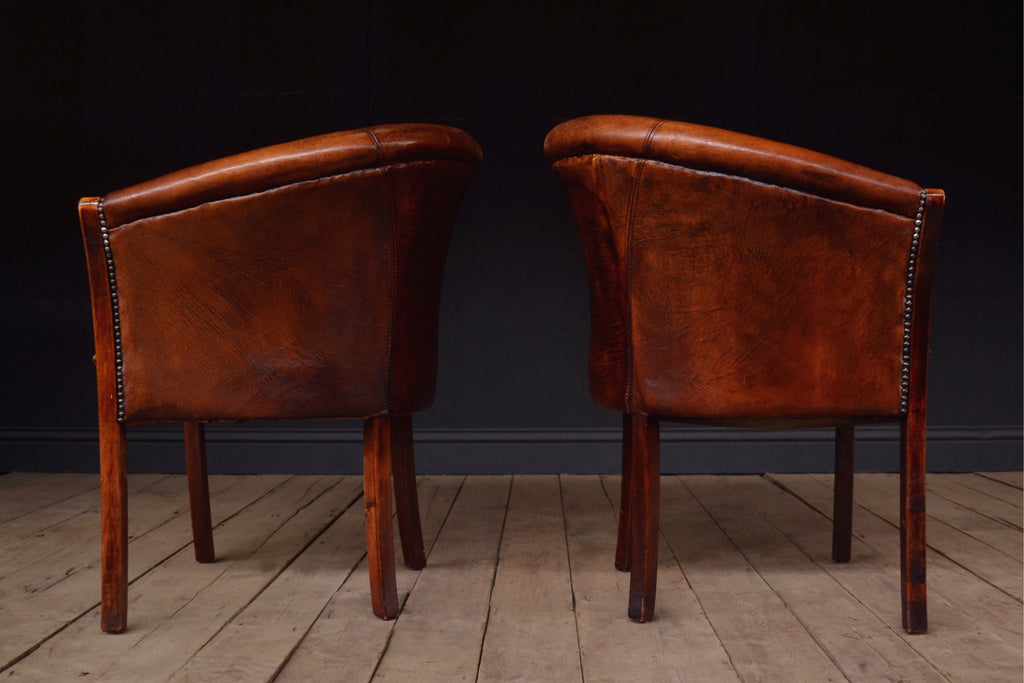 Pair Of Handsome Vintage French Leather Tub Chairs Hunter And Rose