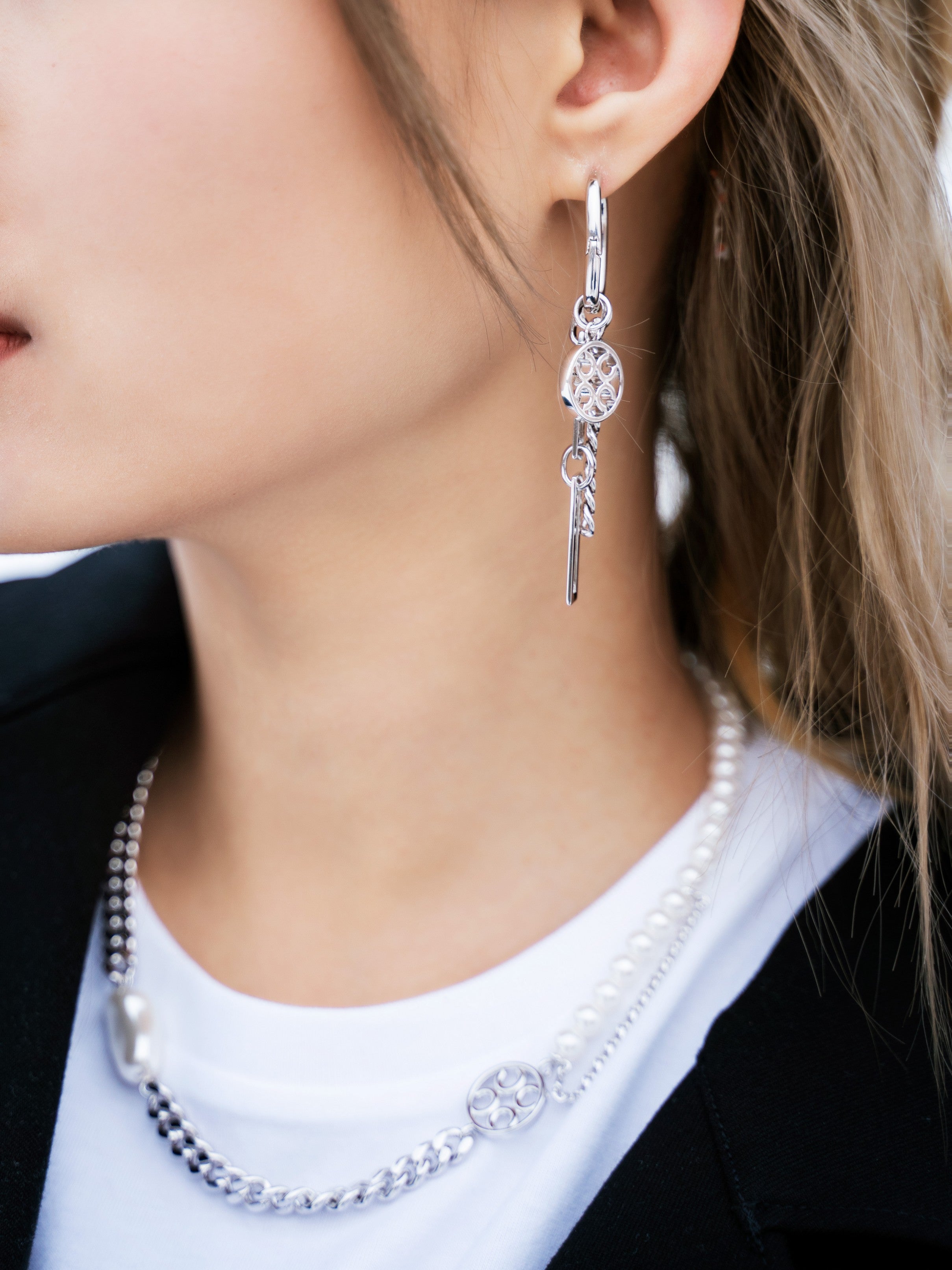 Geometric Chain Earrings (White) (Pair)