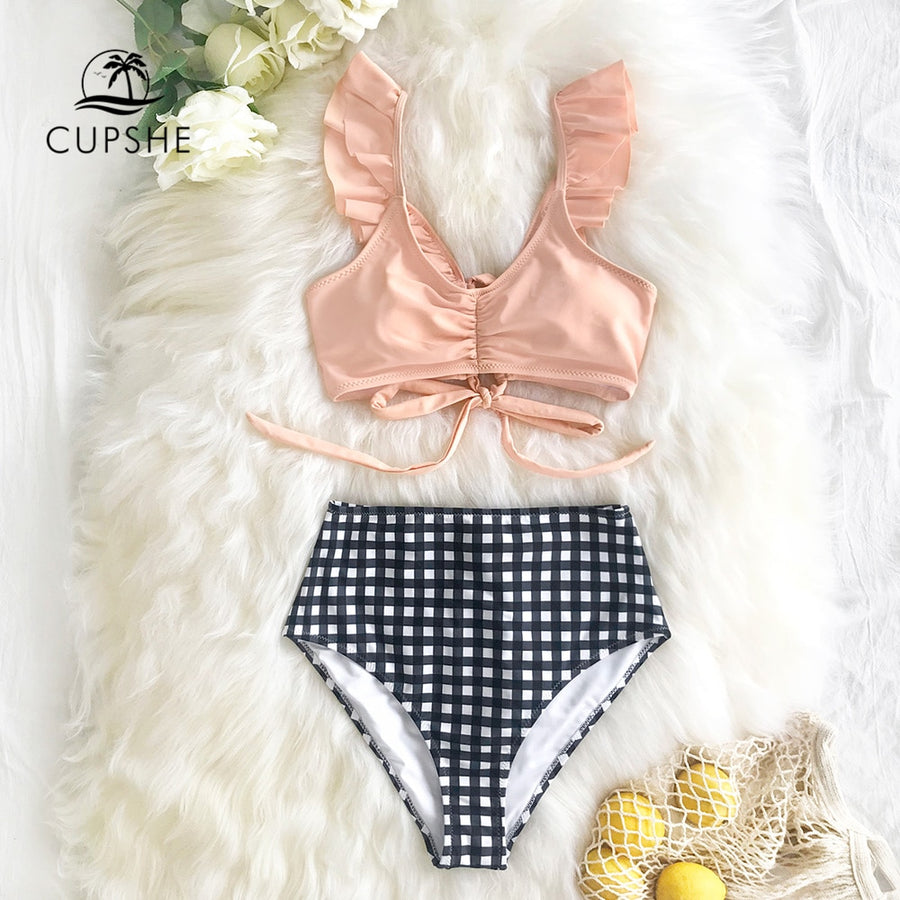 cupshe pink peplum and striped bikini