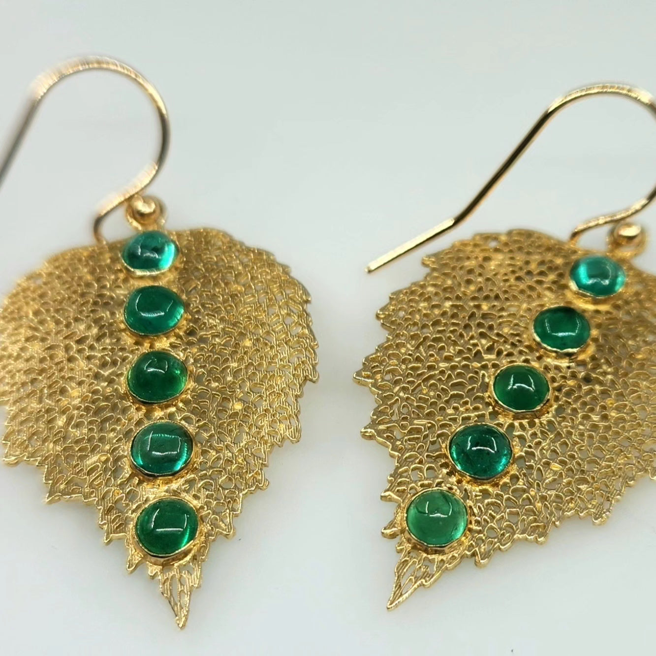 Emerald Leaf Earrings 14k Gold Gemstone Jewelry #463