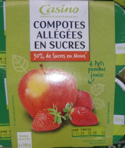 Compote Pomme Fraise Allegee En Sucres Casino 4 X 100 G