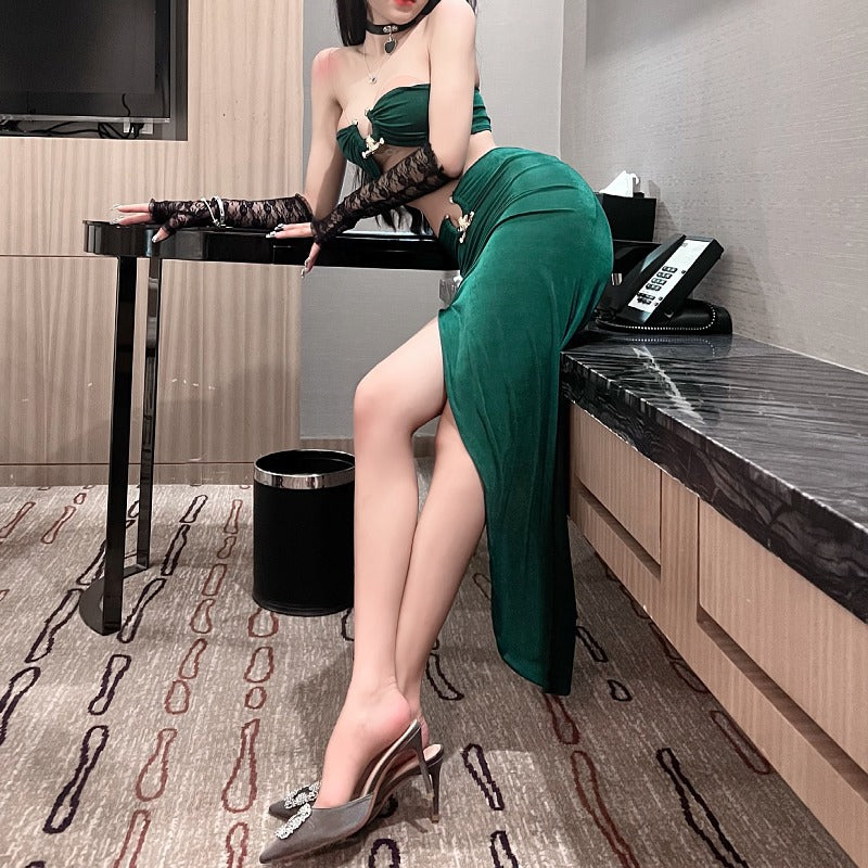 复古妖娆典雅绿裹胸包臀裙套装