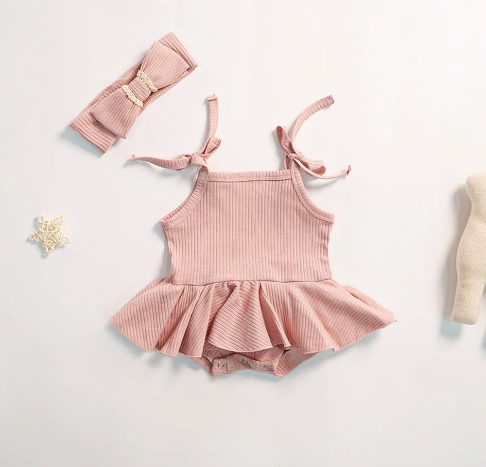 Pre-Order Pink Ribbed Romper With Attached Skirt & Matching Headband Millie