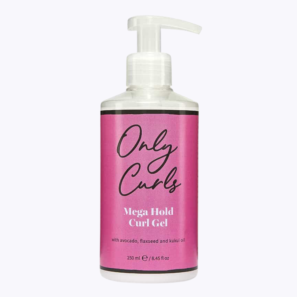 Only Curls Mega Hold Curl Gel fles met pompdispenser, 250 ml, met ingrediënten als avocado, lijnzaad en kukui-olie.