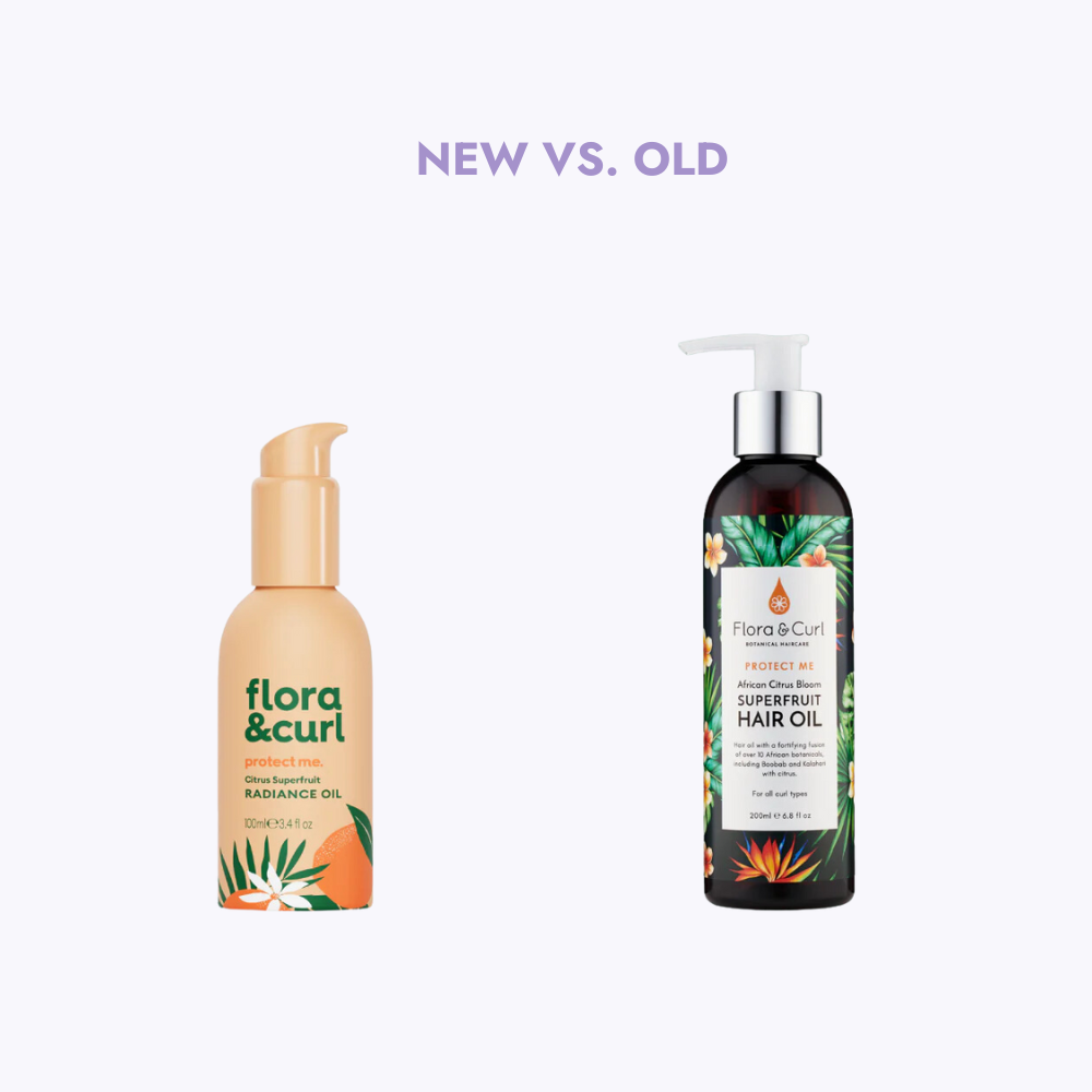 old and new packaging of flora and curl radiance oil