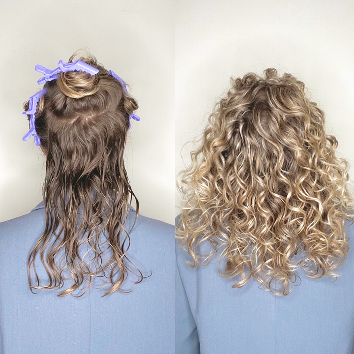 Haarclips paars in het haar voor en na foto