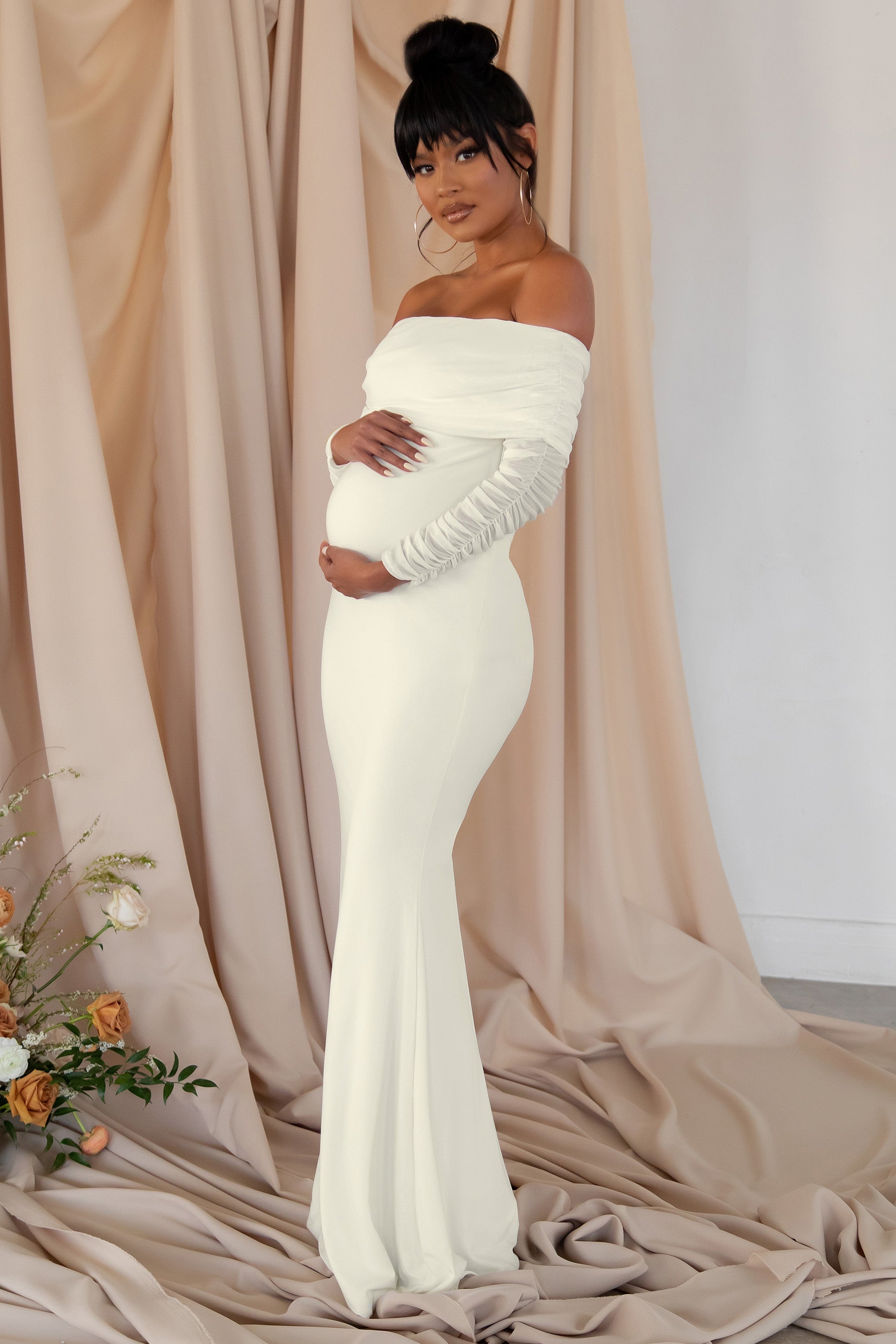 Pretty Perfect | White Maternity Ruched Mesh Bardot Maxi Dress
