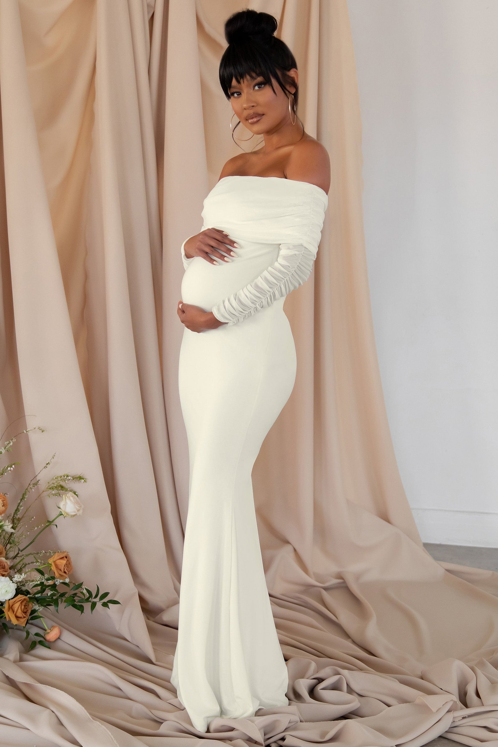 Pretty Perfect White Maternity Ruched Mesh Bardot Maxi Dress – Club L  London - USA