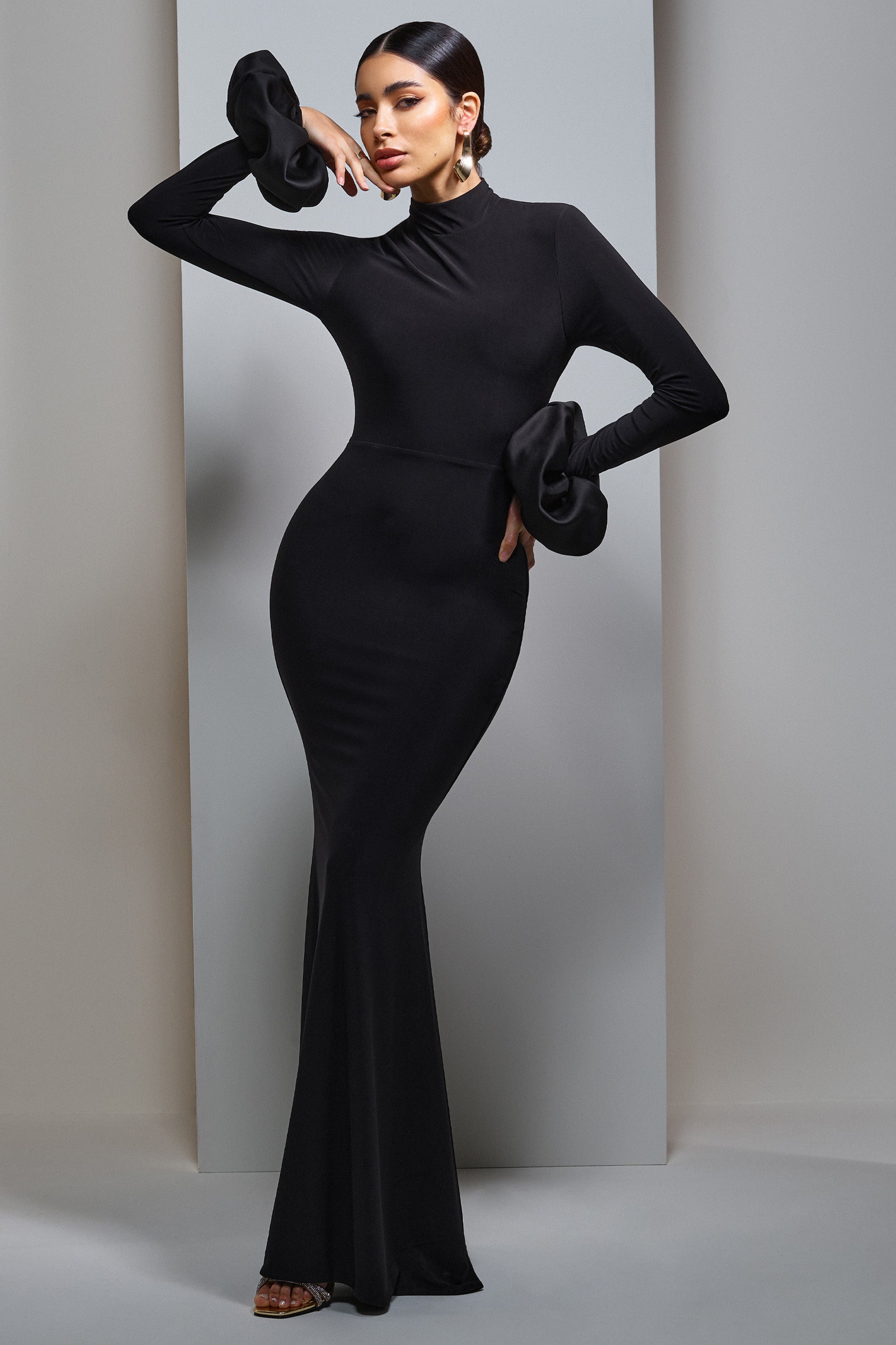 Mystic | Black High-Neck Maxi Dress With Satin Cuffs