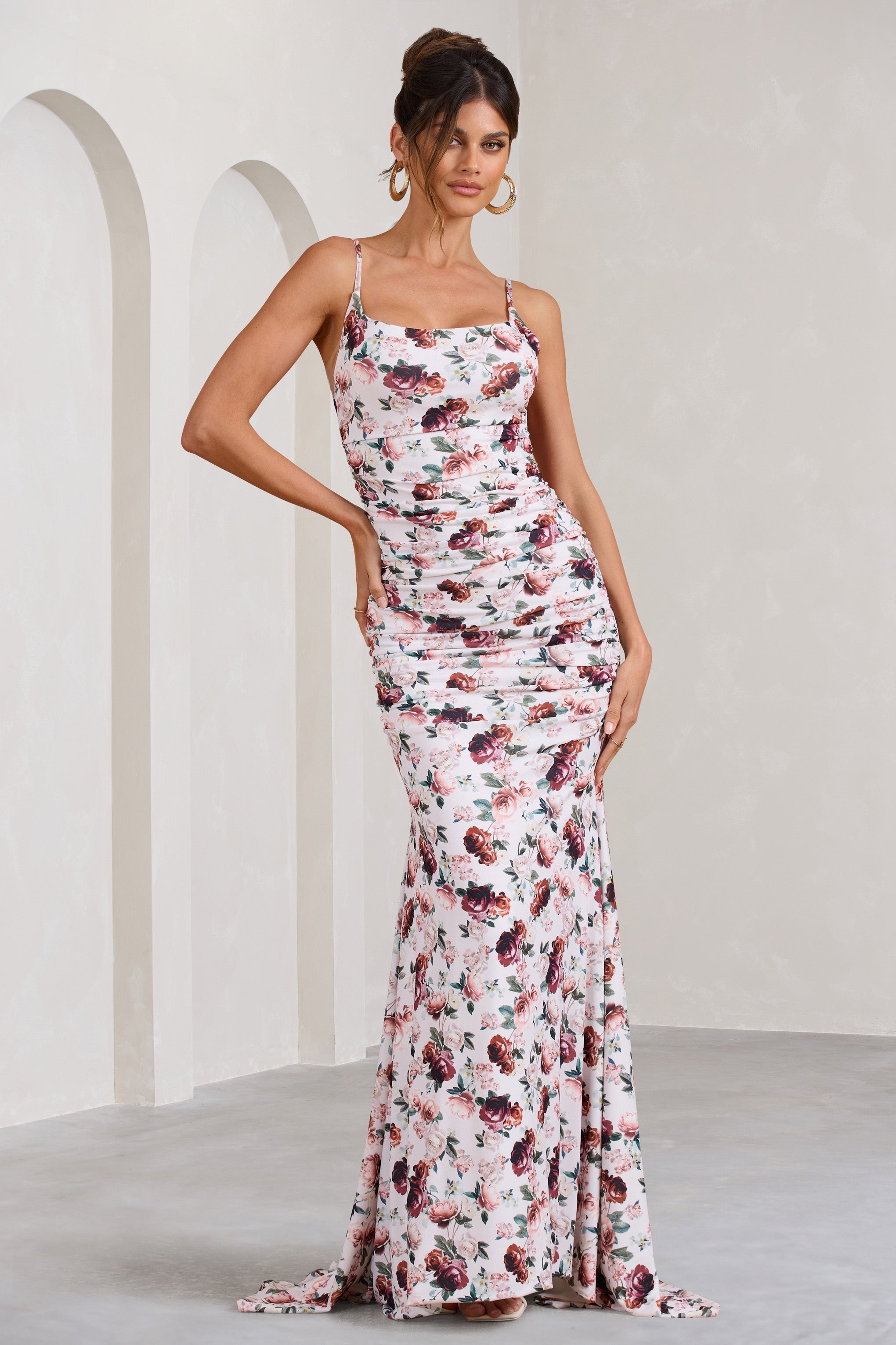 Adele | White Floral Print Backless Ruched Fishtail Cami Maxi Dress