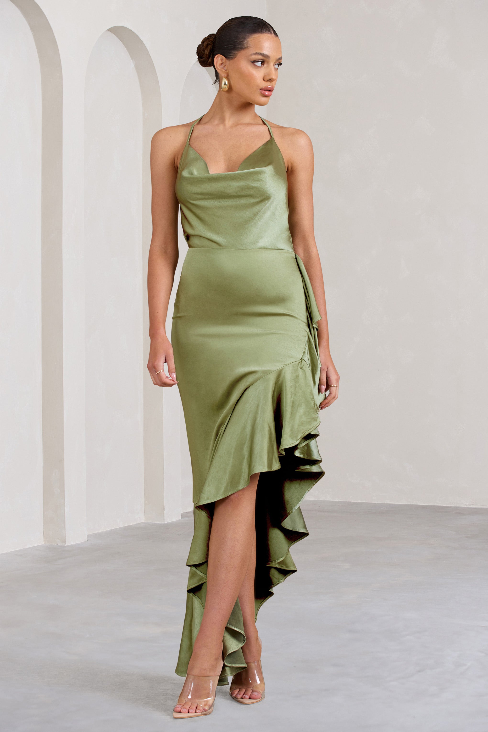 Lady Rosselini | Olive Strappy Asymmetric Ruffled Maxi Dress