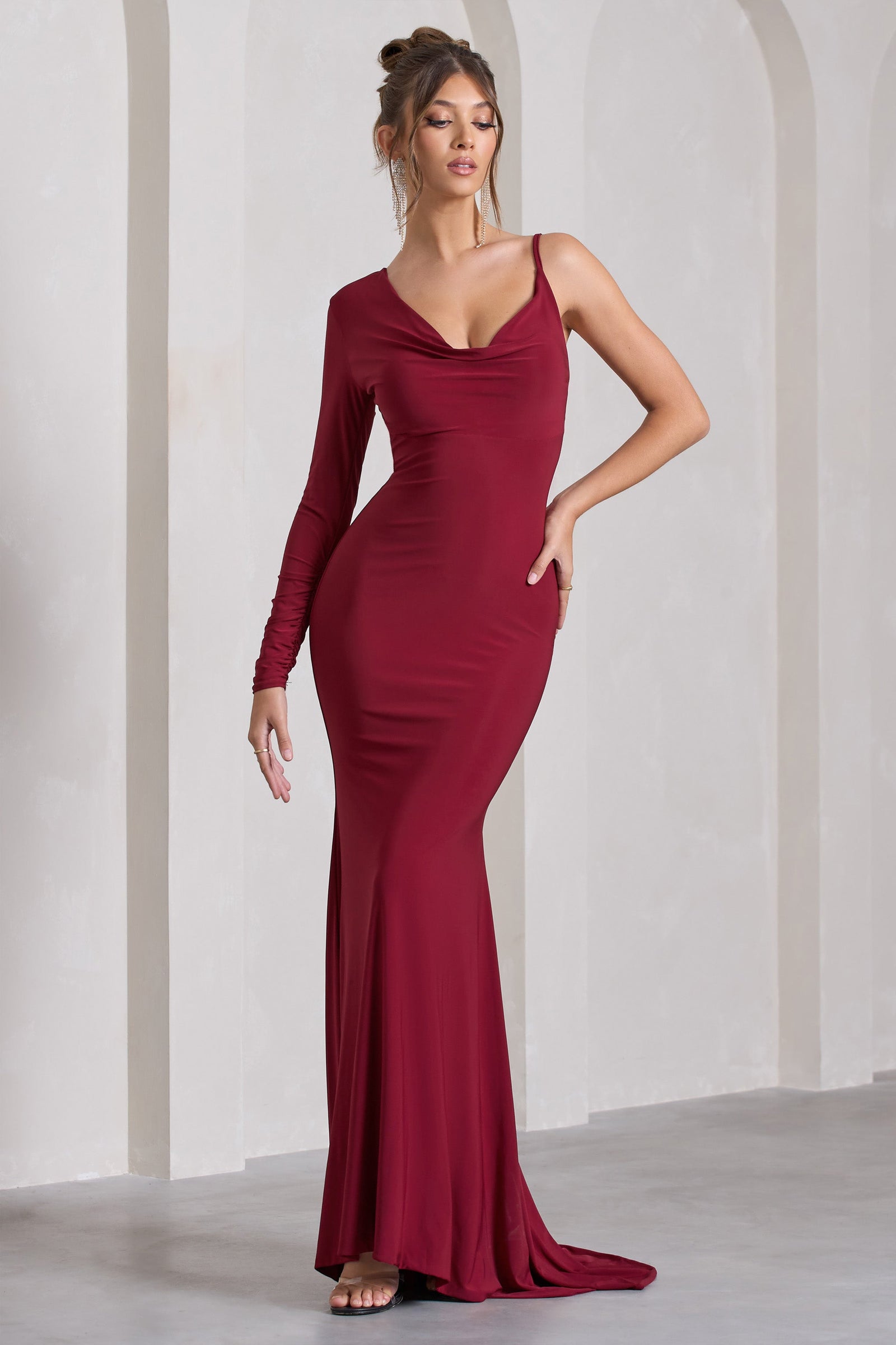 Bridesmaid Cowl Neck Long Sleeve Maxi Dress