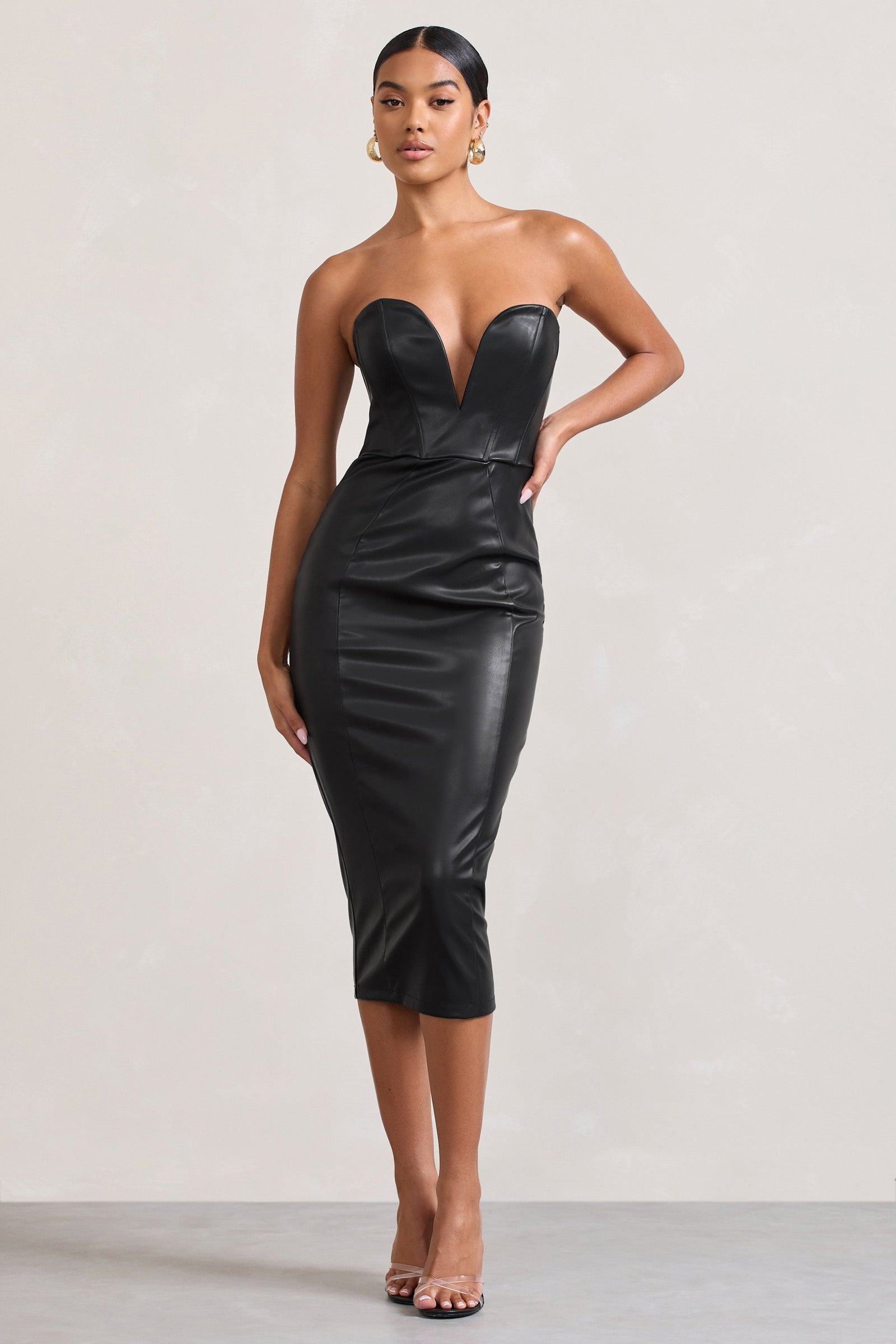 Marlene Black Faux Leather Strapless Bandeau Split Maxi Dress – Club L  London - USA