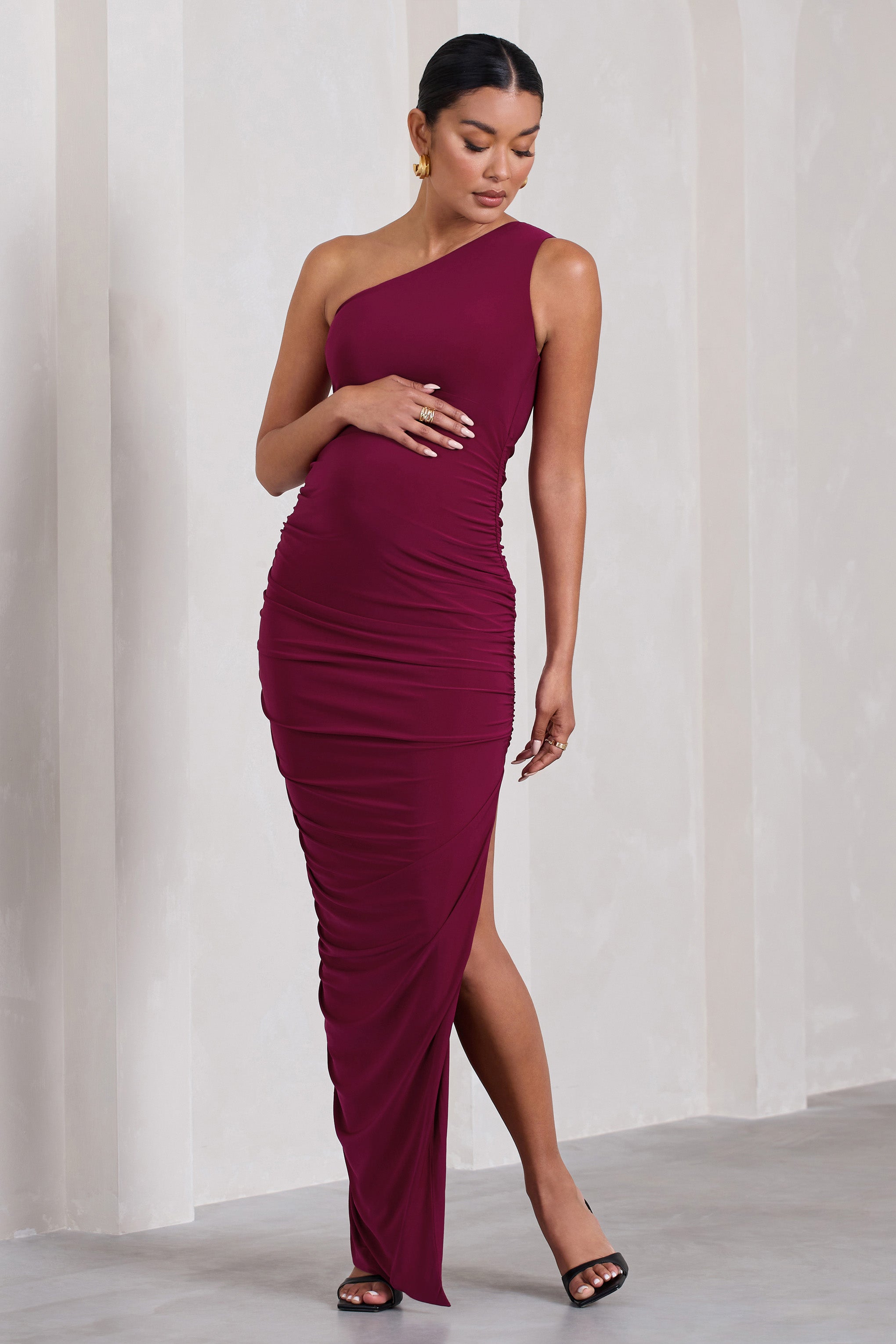 Persia | Berry One-Shoulder Side Split Ruched Maternity Maxi Dress