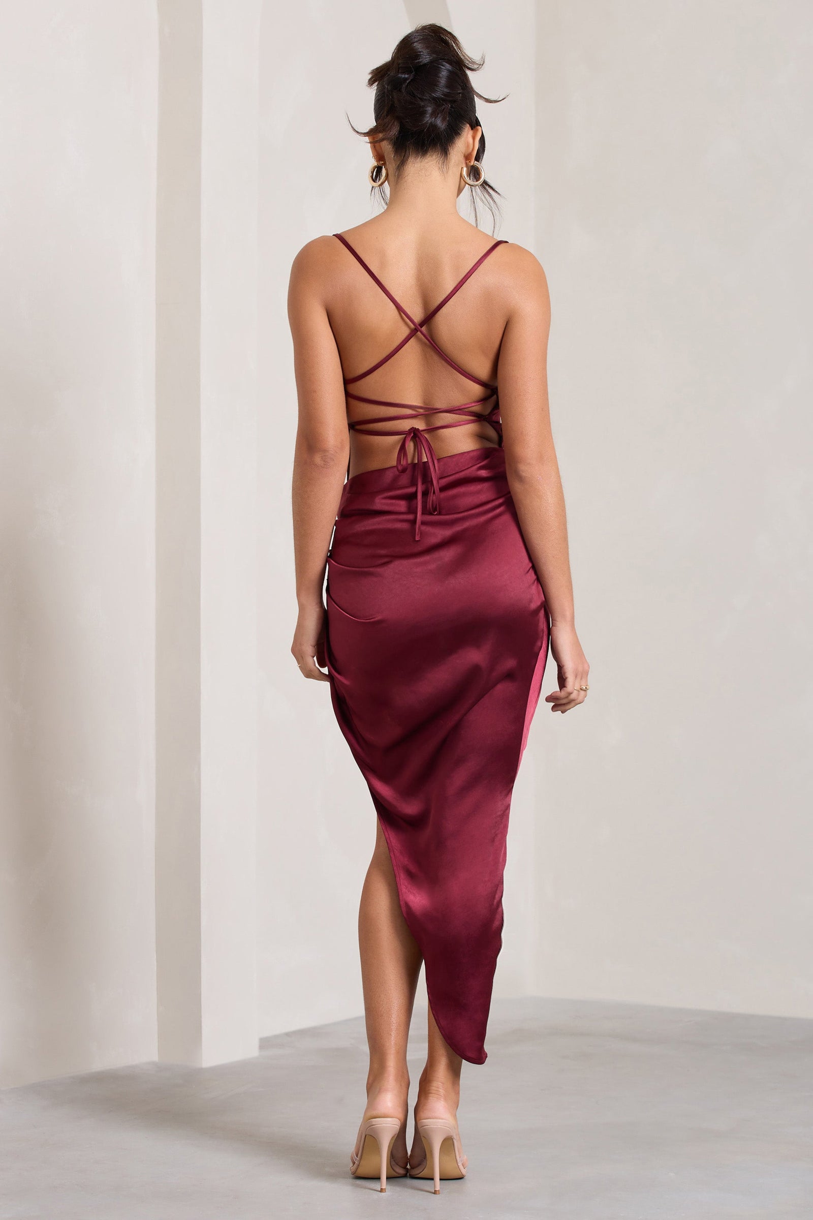 Risk It All Berry Velvet Cami Cowl Neck Asymmetric Hem Midi Dress