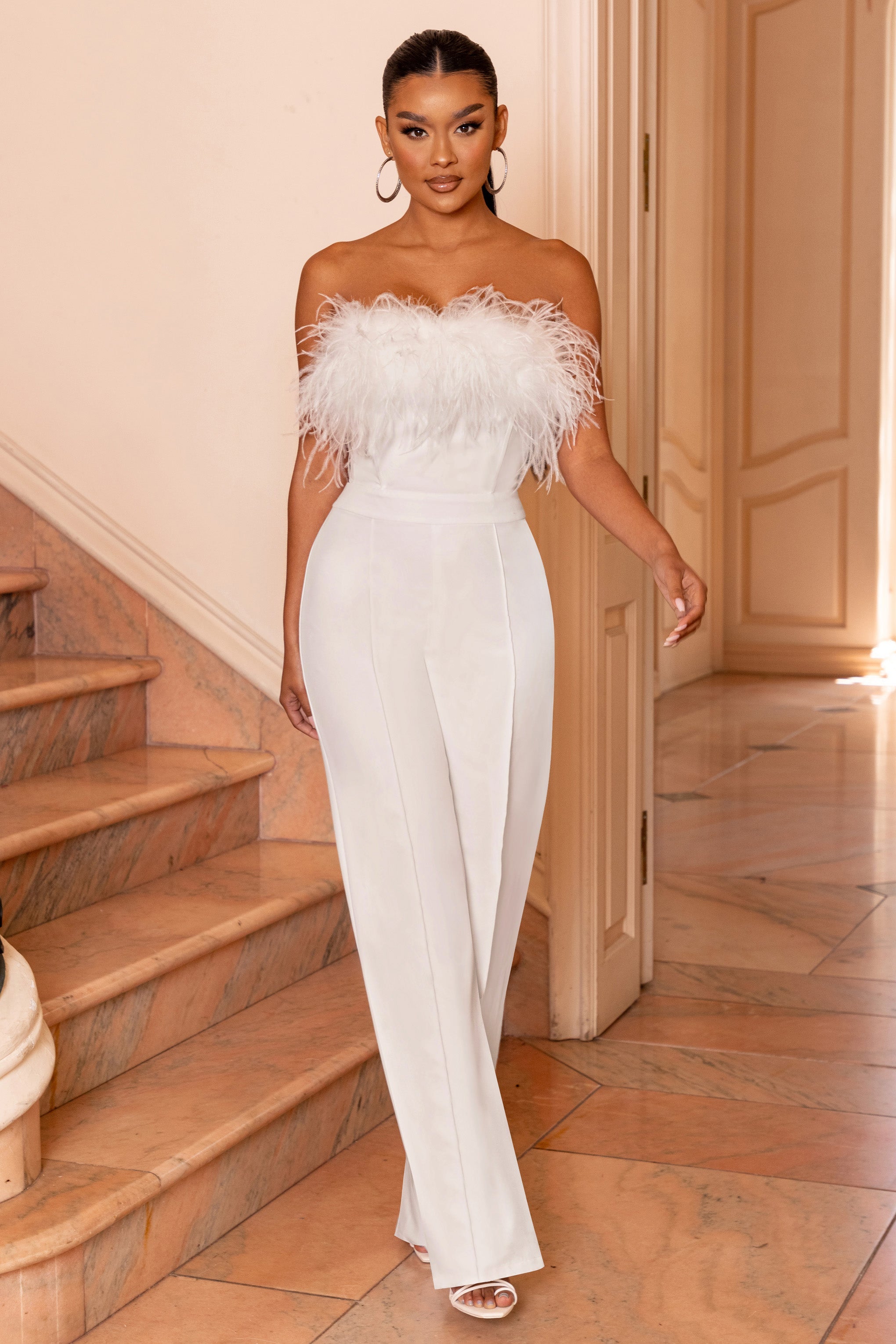 First Class | White Bandeau Feather Wide Leg Jumpsuit