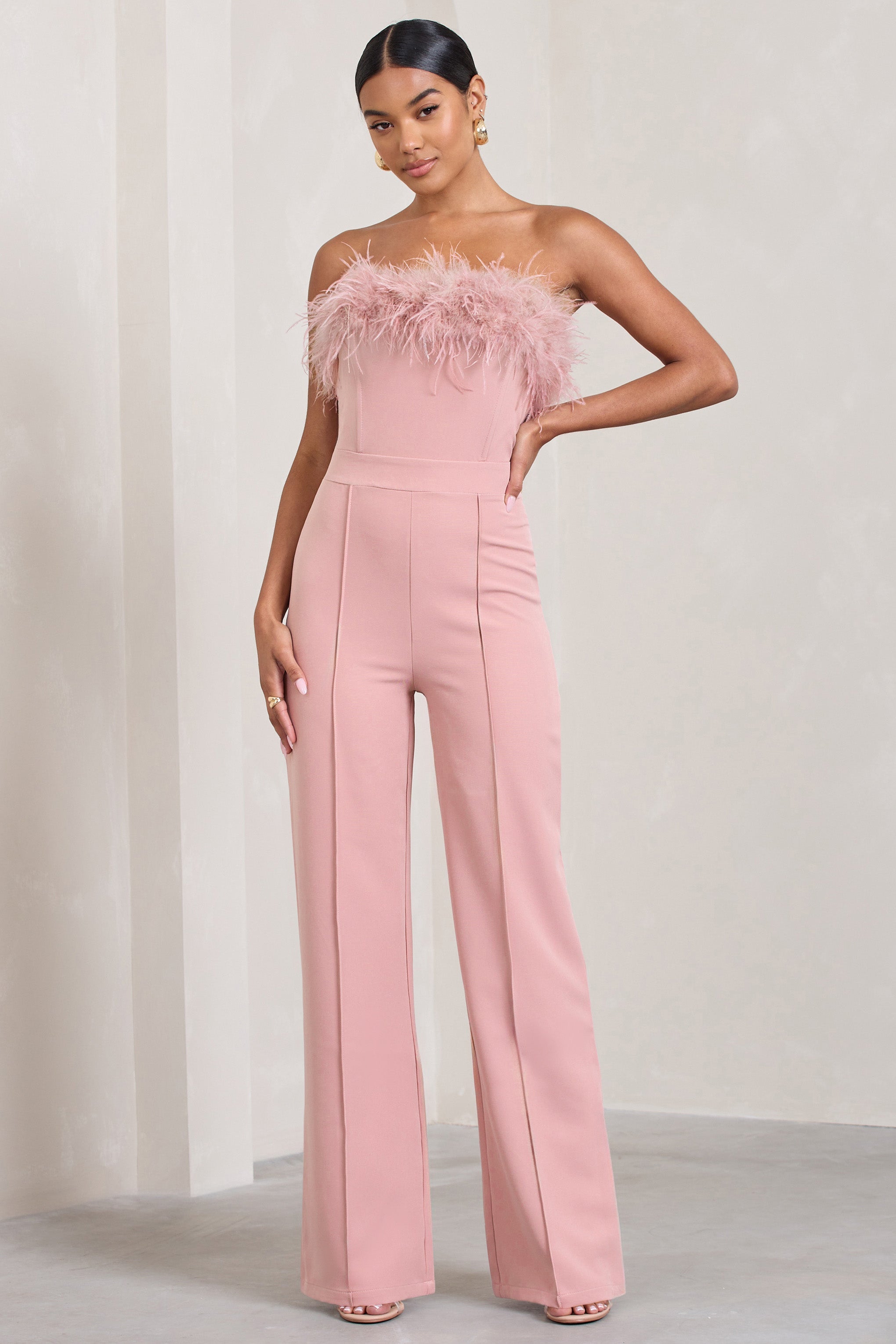 First Class | Pink Bandeau Feather Wide Leg Jumpsuit