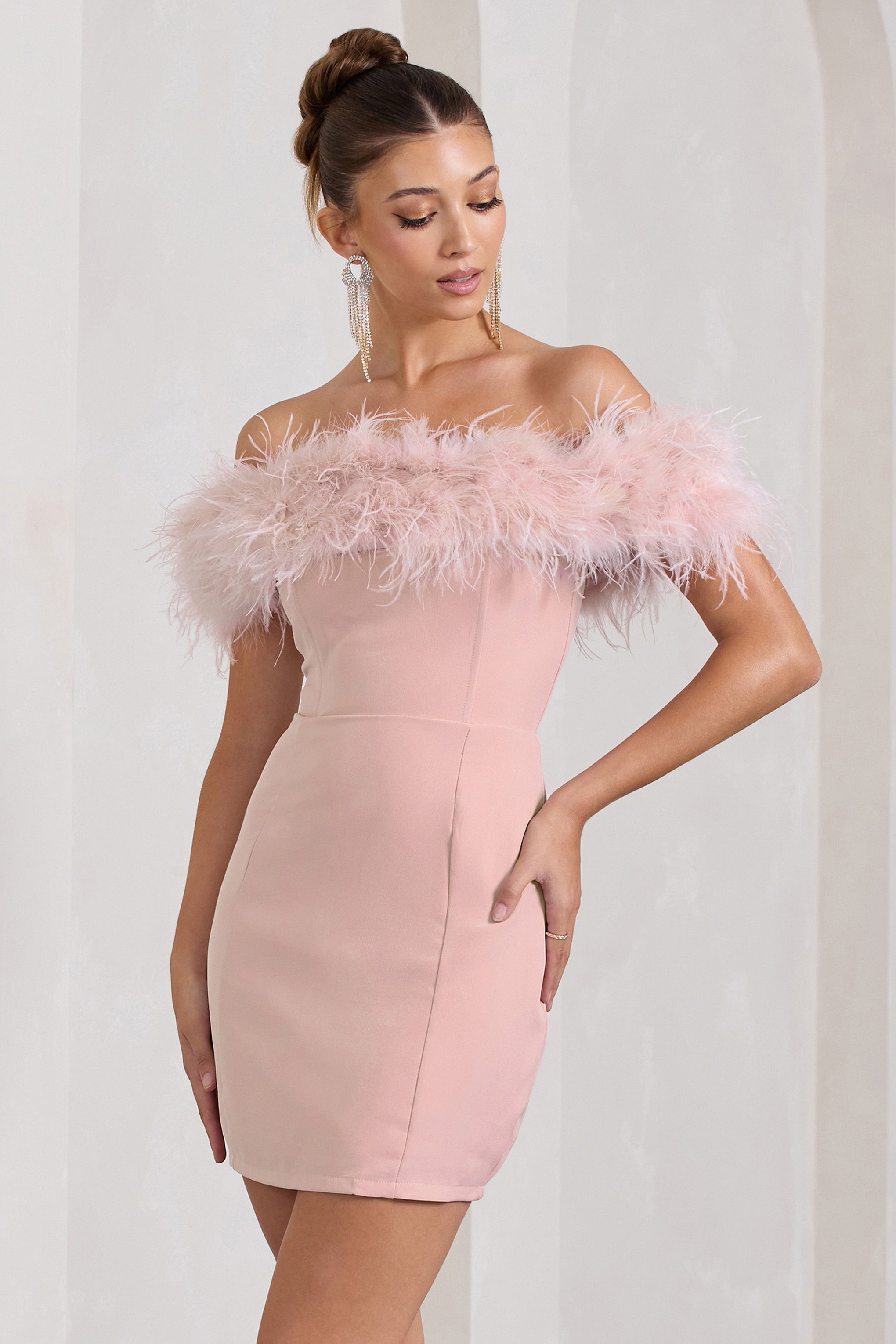 Pure Delight | Pink Bardot Feather Mini Dress