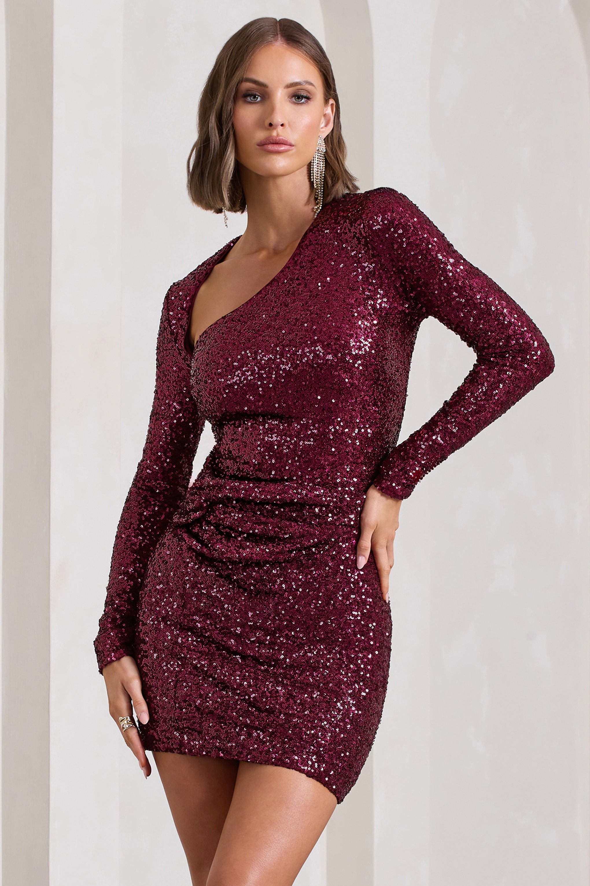 Rising Star | Burgundy Sequin Long-Sleeved Twisted Mini Dress