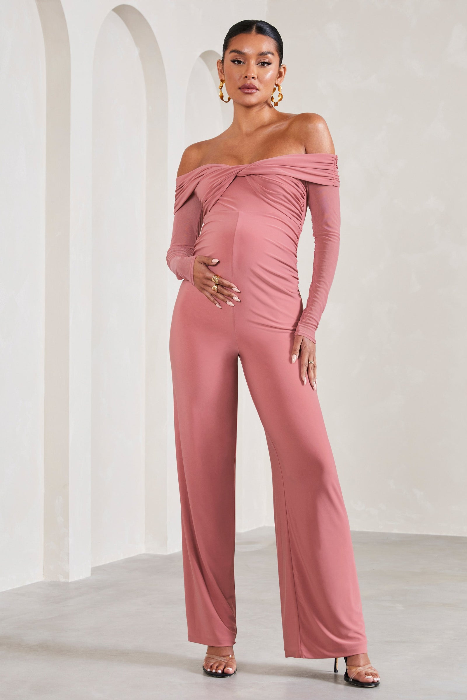 Kyla Blush Pink Ruched Bardot Long-Sleeved Wide-Leg Maternity Jumpsuit –  Club L London - IRE