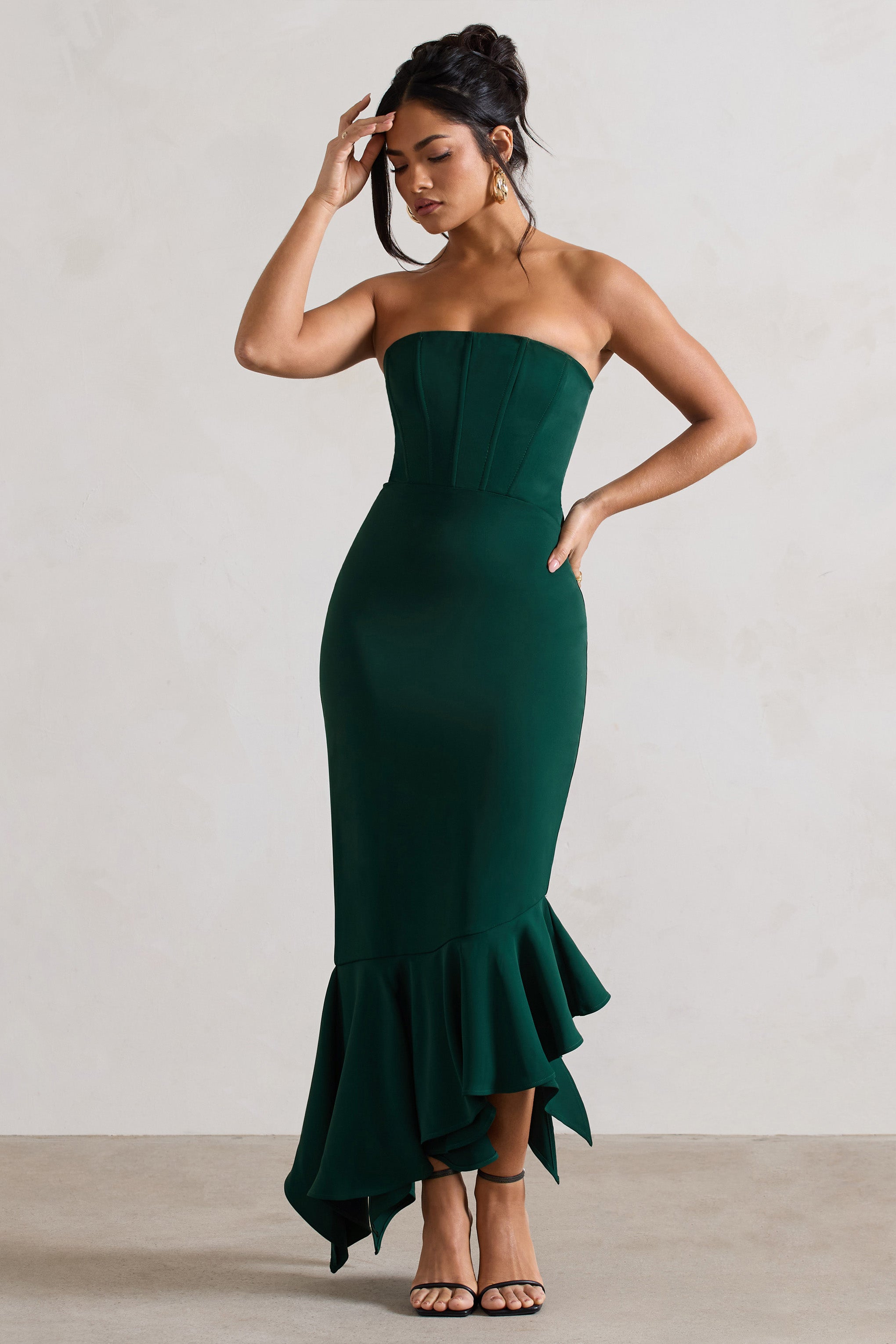 Sandy | Bottle Green Strapless Corset Asymmetric Maxi Dress