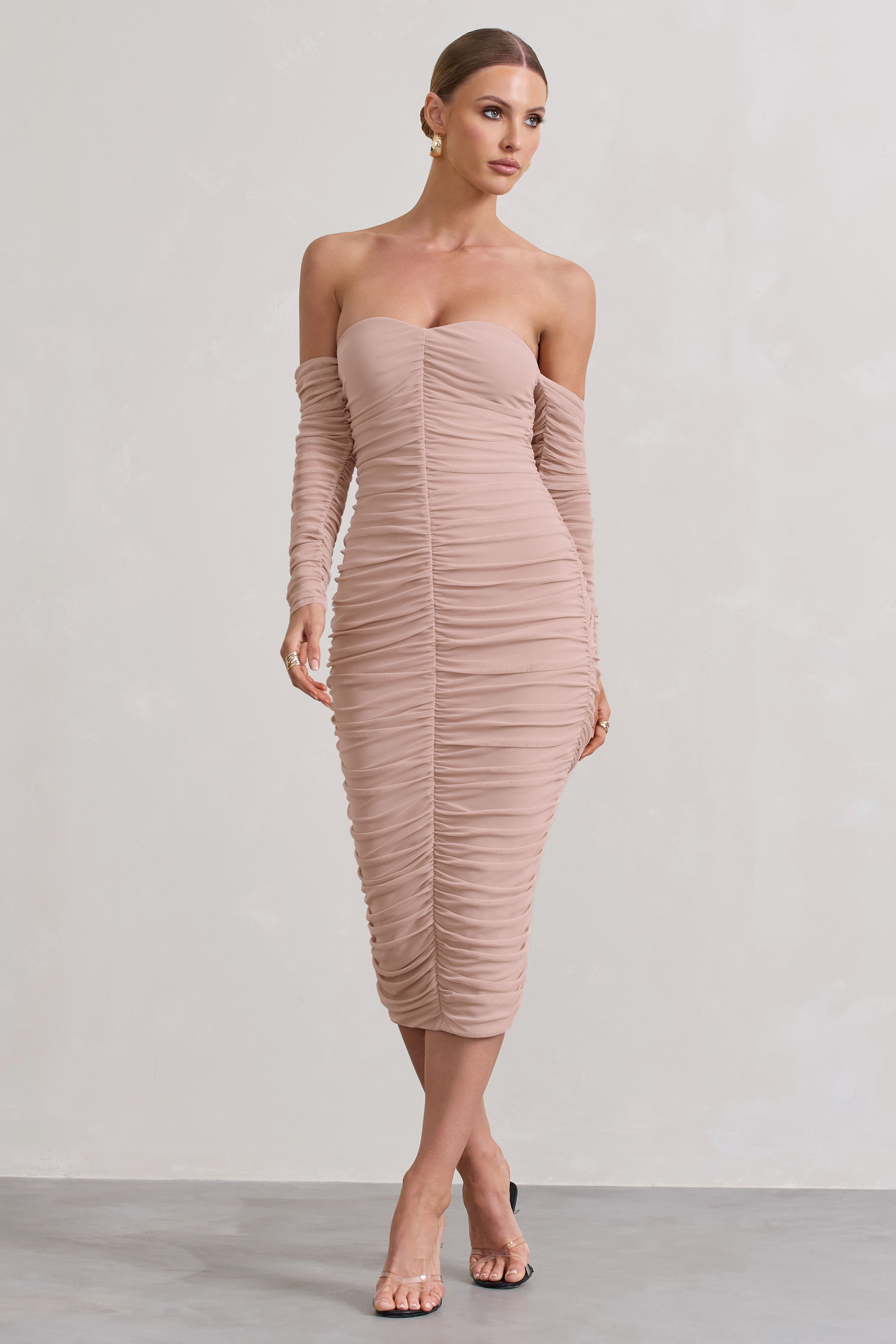 Indy | Champagne Ruched Strapless Long-Sleeve Midi Dress