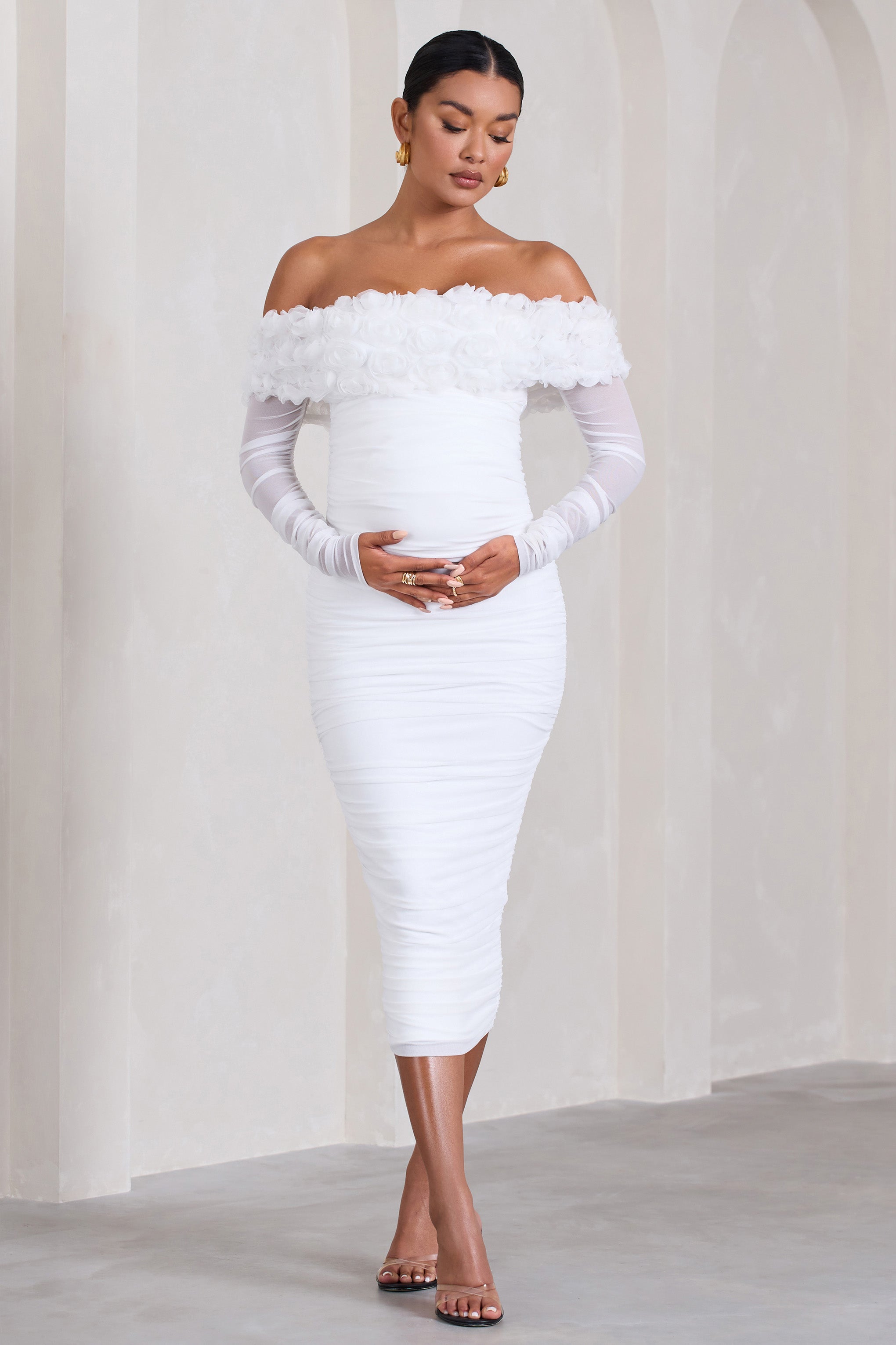 Orchid | White Ruched Mesh Floral Bardot Maternity Midi Dress