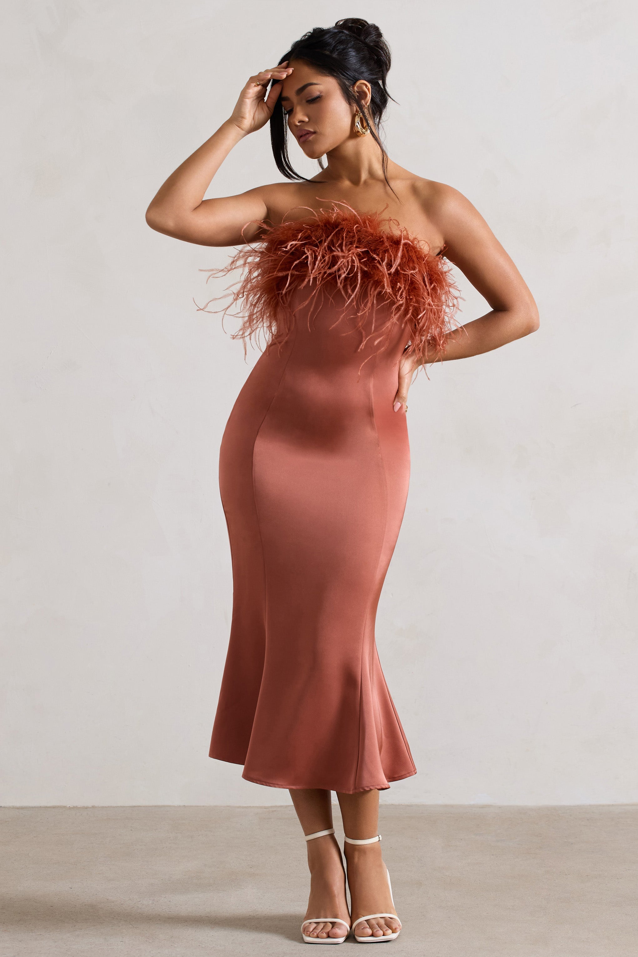 One And Only | Rust Satin Feather Trim Midi Dress