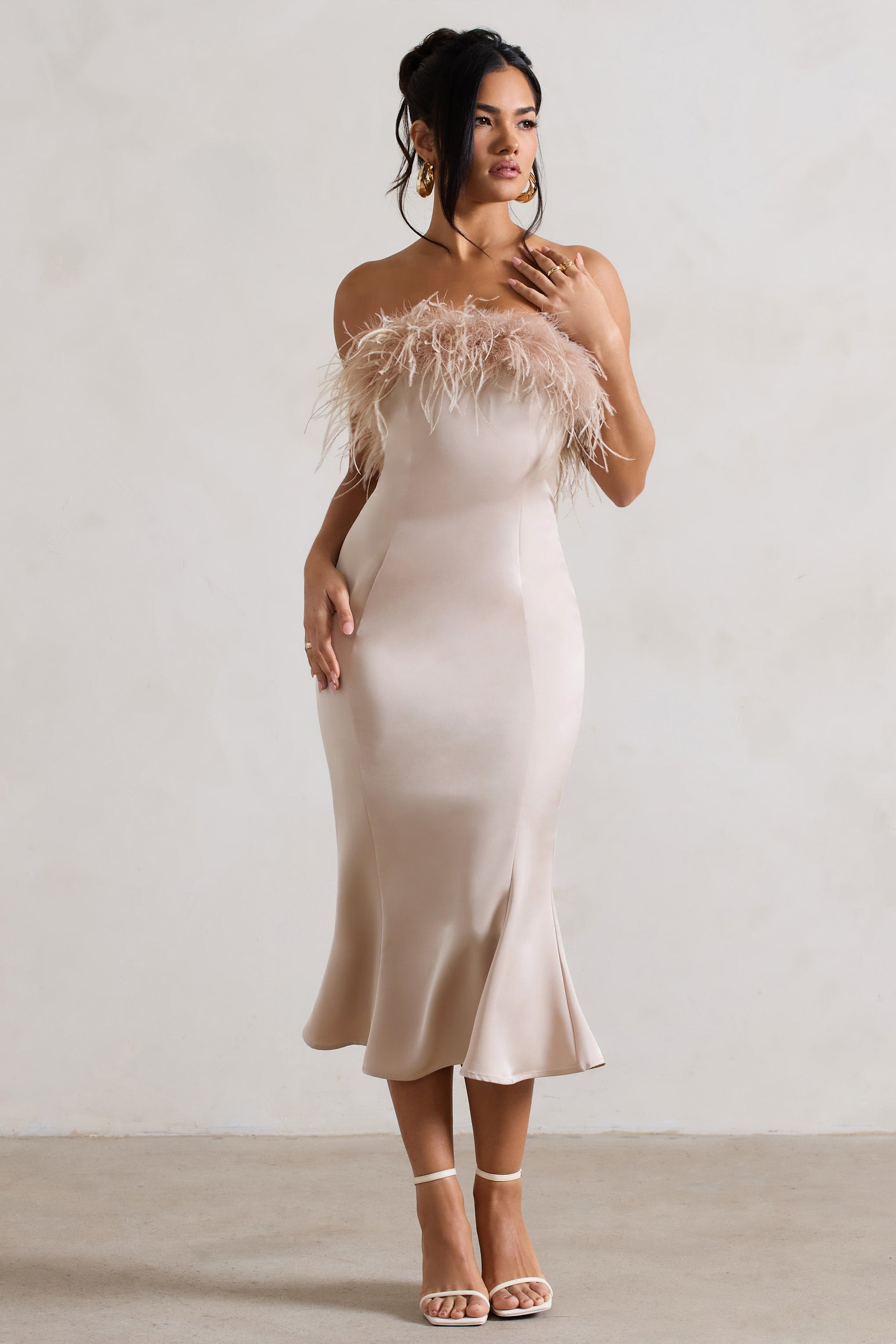 One And Only | Champagne Satin Feather Trim Midi Dress
