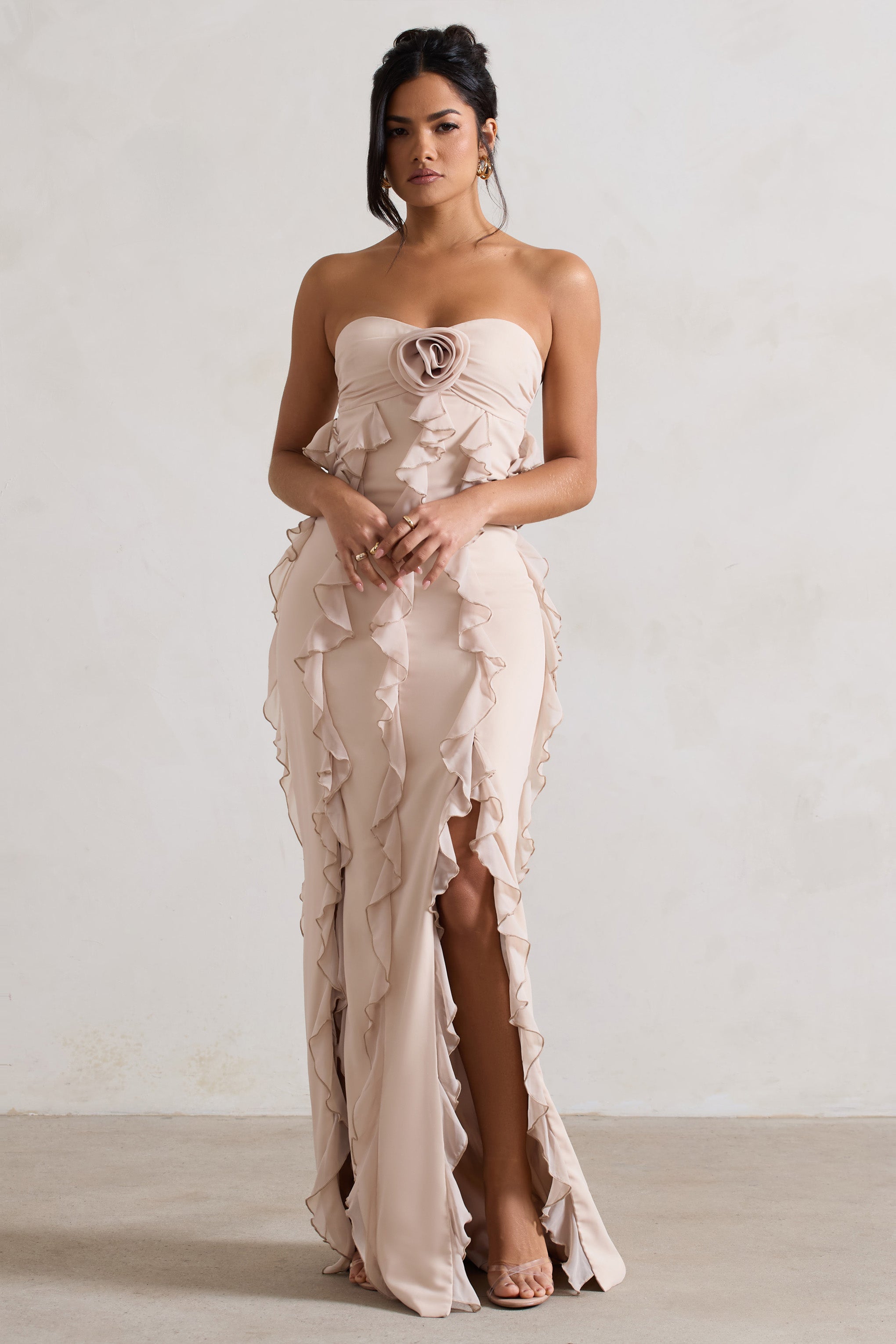 Gardenia | Champagne Strapless Ruffle Maxi Dress With Corsage