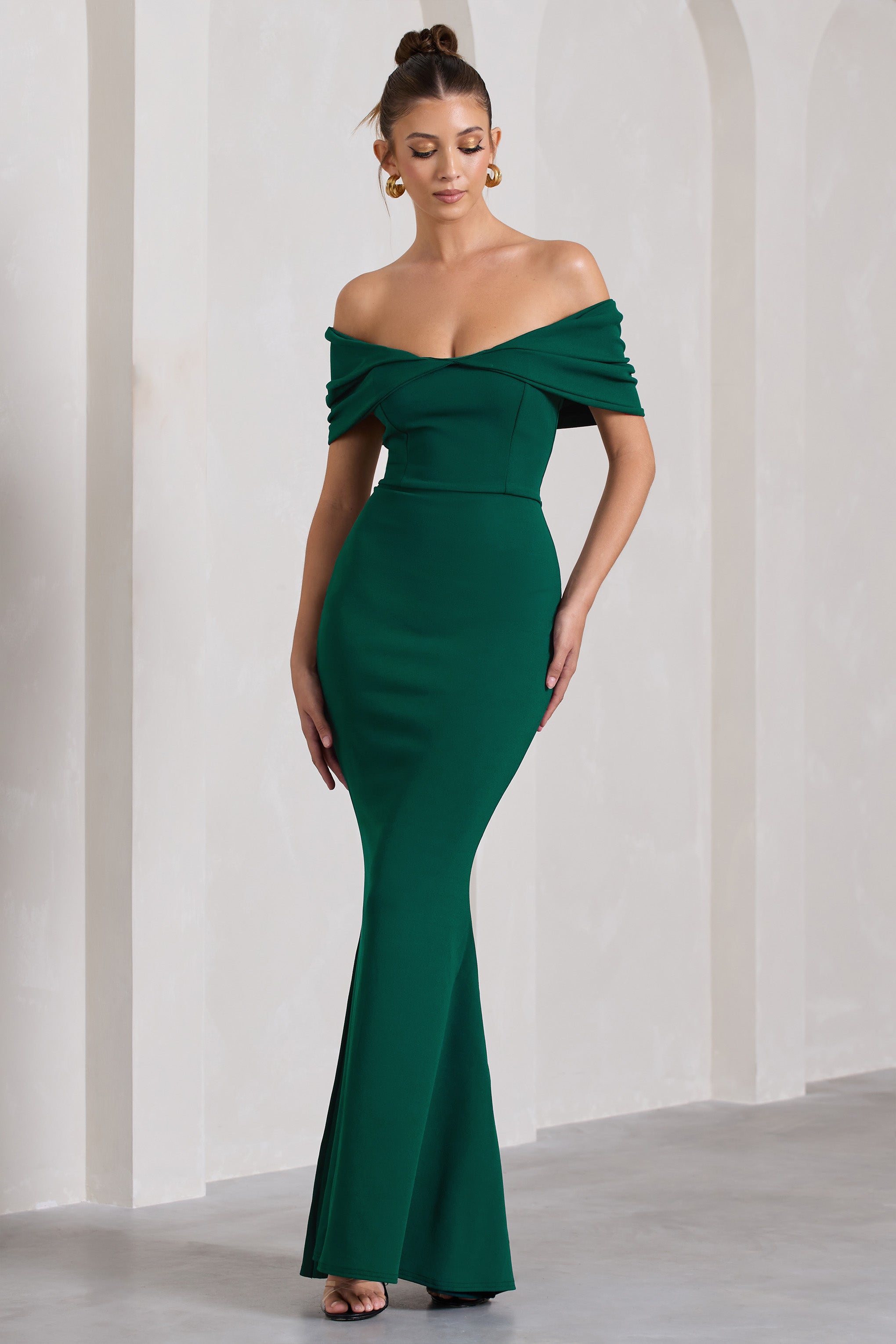 Dana | Bottle Green Bardot Maxi Dress With Short Gathered Sleeves