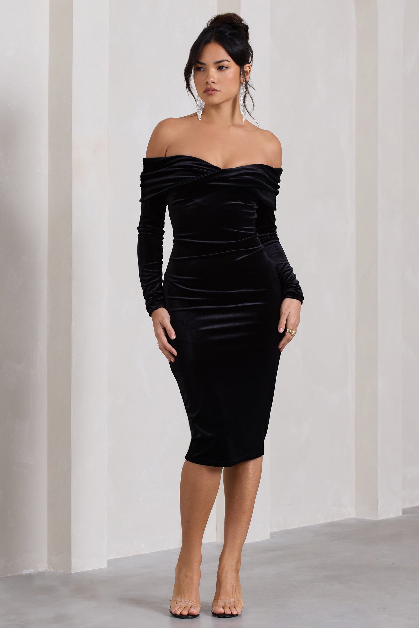 Seductress Black Long Sleeve Square Neck Ruched Midi Dress – Club