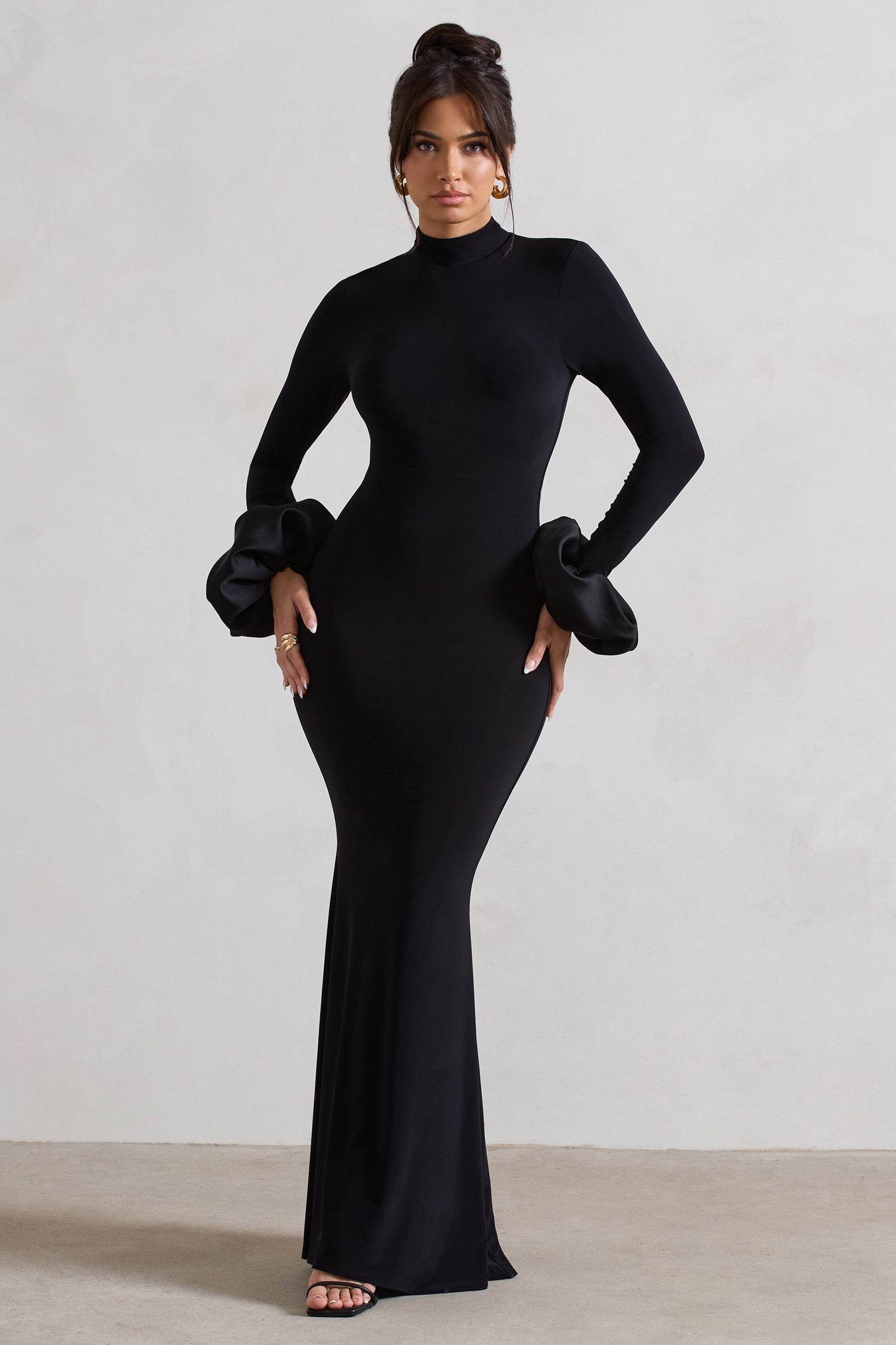 Elenora Black Embellished Bodycon Long-Sleeve Maxi Dress – Club L