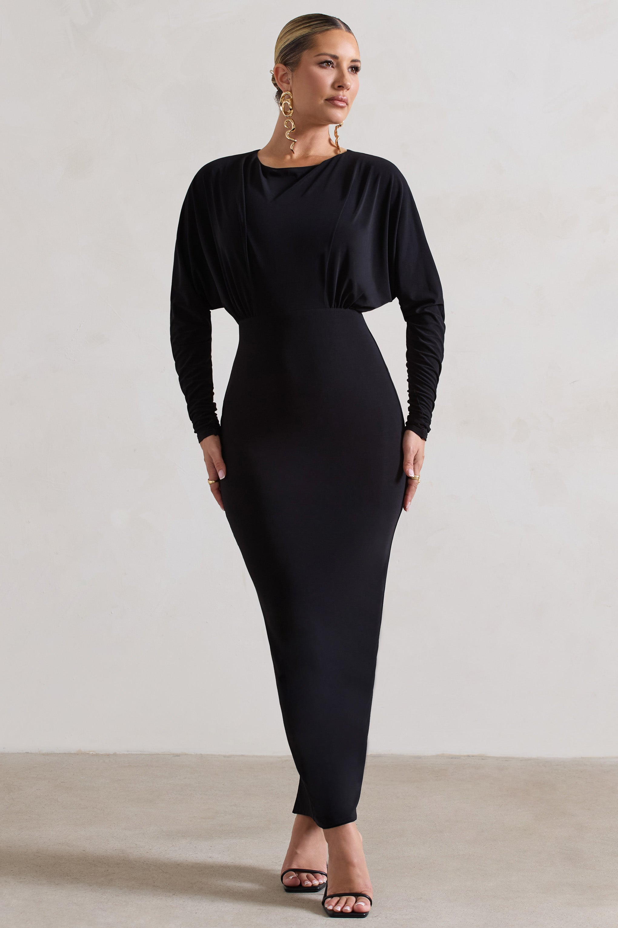 All It Takes | Black Long-Sleeve Draped Maxi Dress