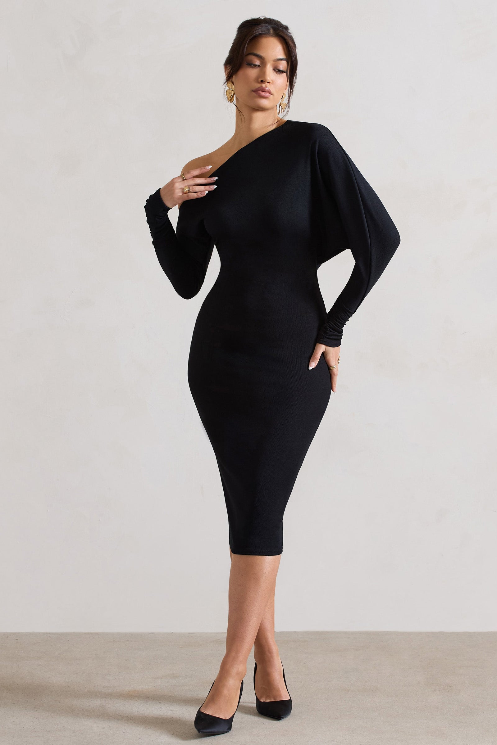 Thora Black Rib Knit One-Shoulder Midi Dress – Club L London - USA