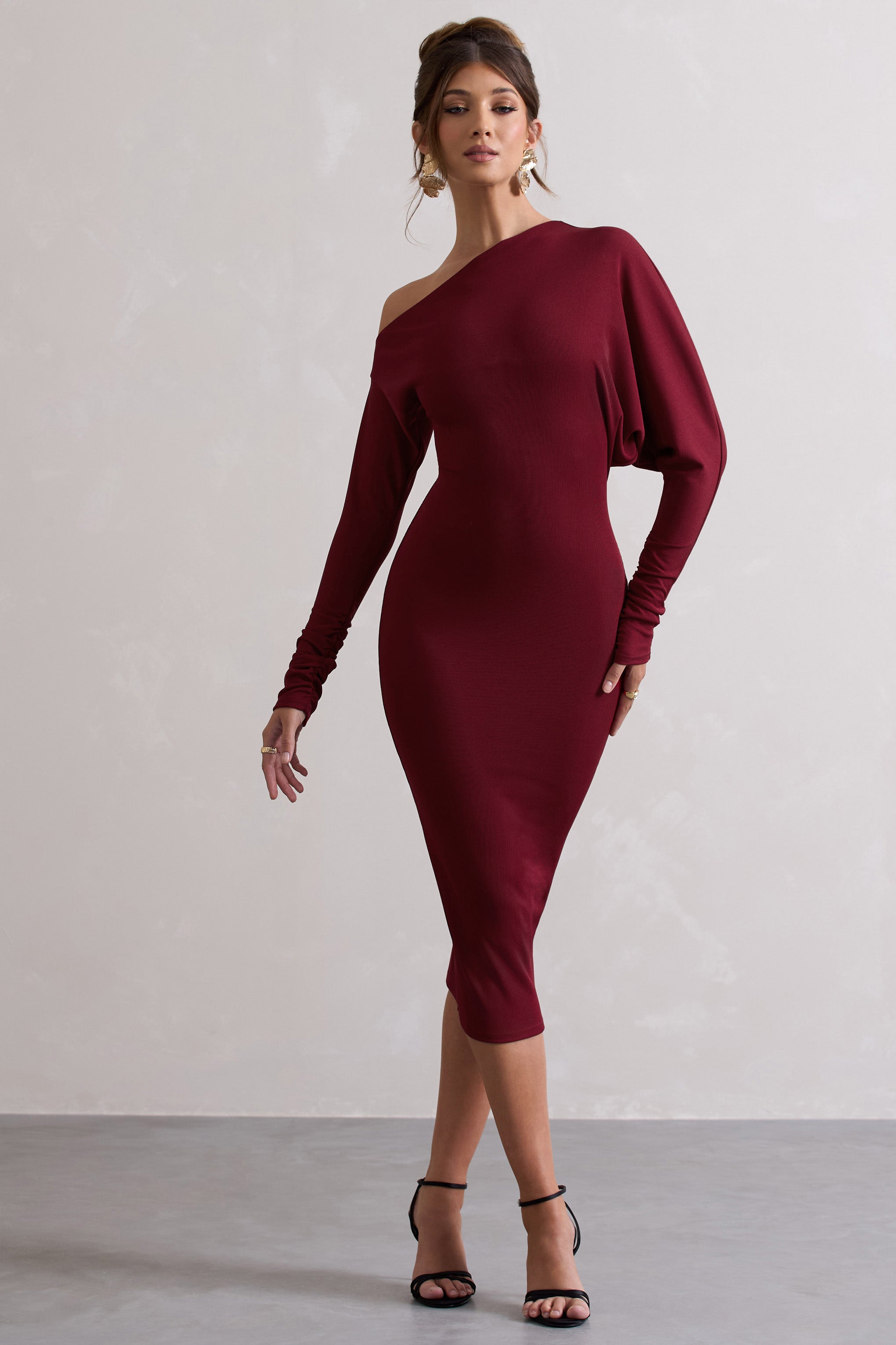 Thora | Berry Rib Knit One-Shoulder Midi Dress