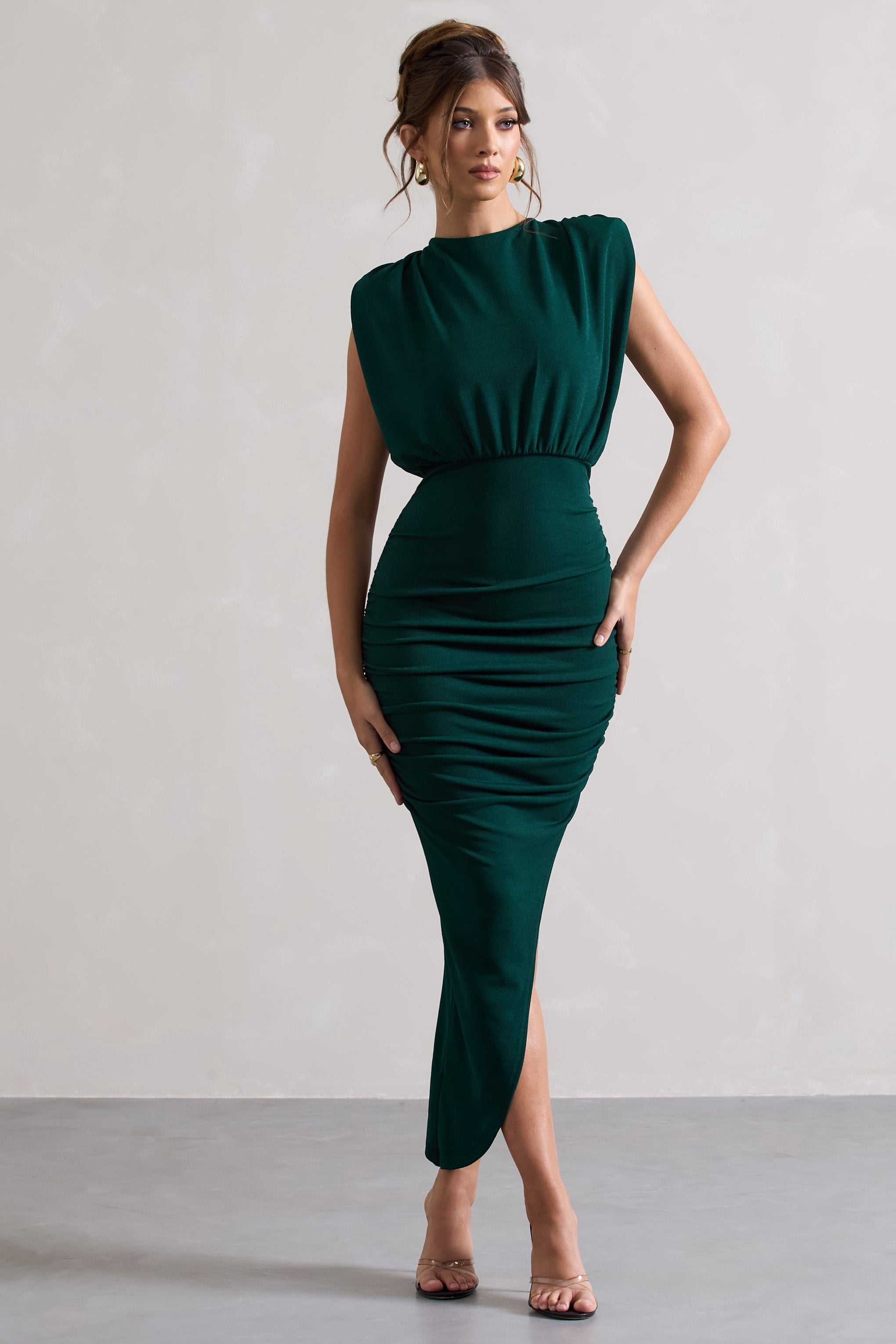 Jennifer | Bottle Green Sleeveless Maxi Dress With Asymmetric Hem