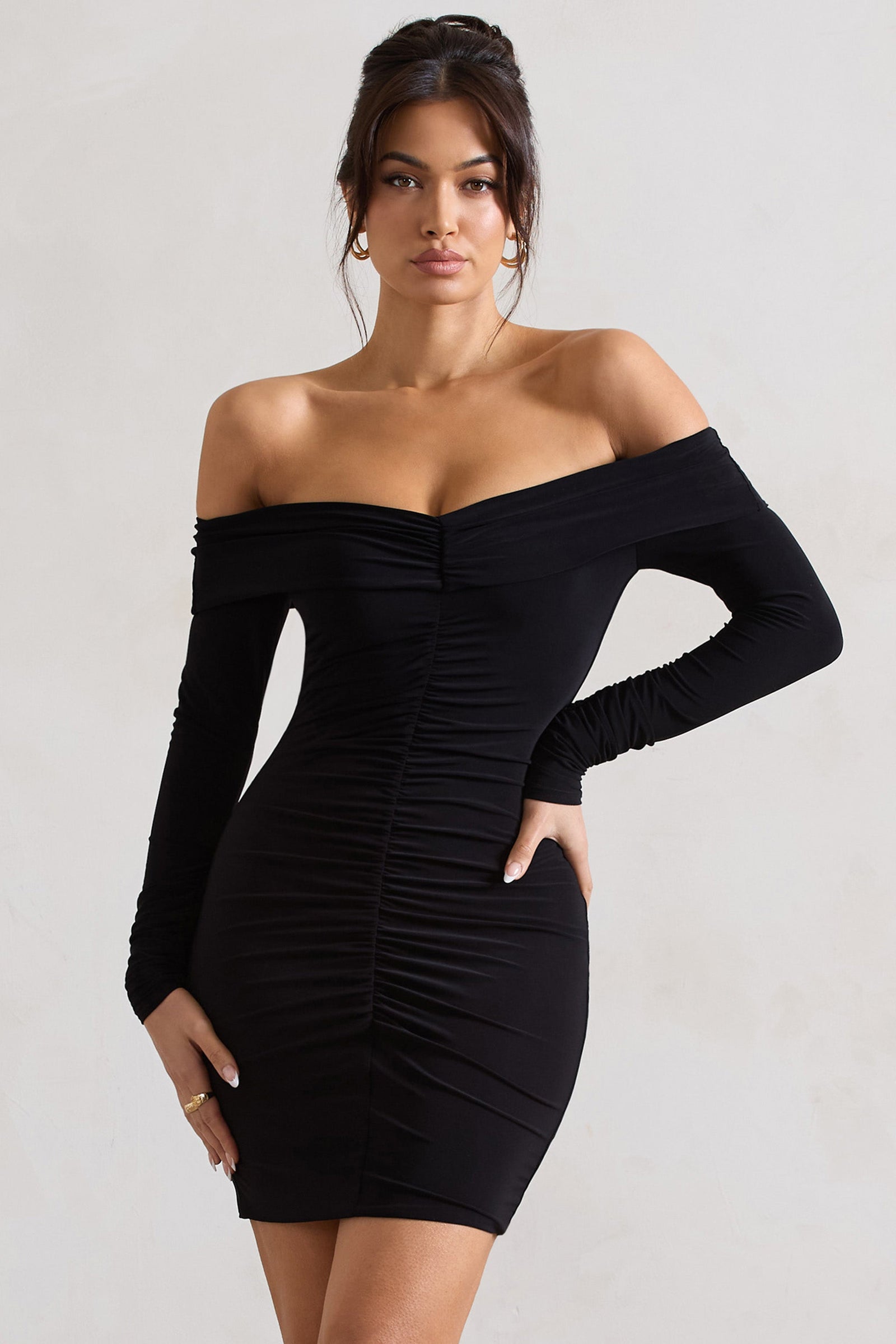 Claudina Black Asymmetric Long Sleeve Wrap Mini Dress With