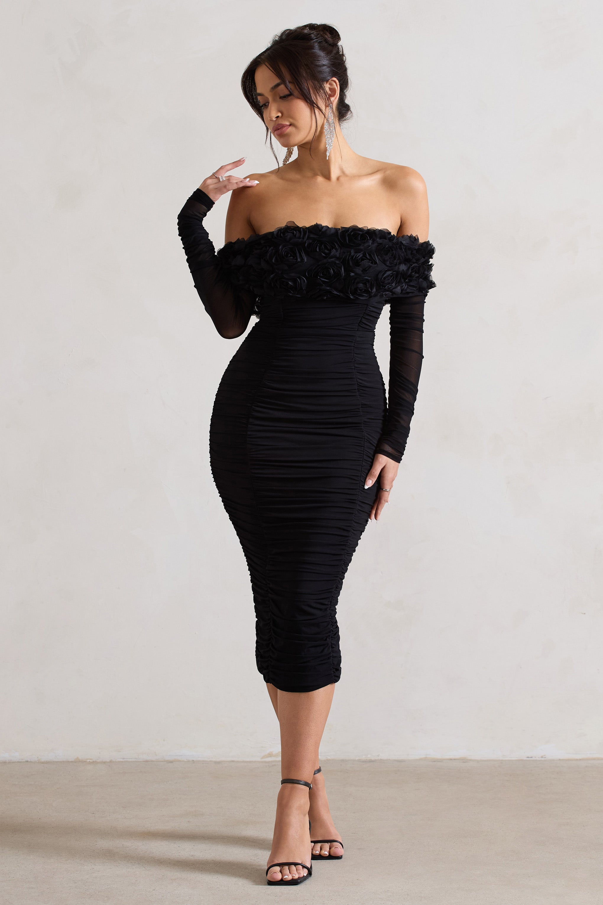 Sierra | Black Mesh Ruched Floral Bardot Lace-Up Midi Dress