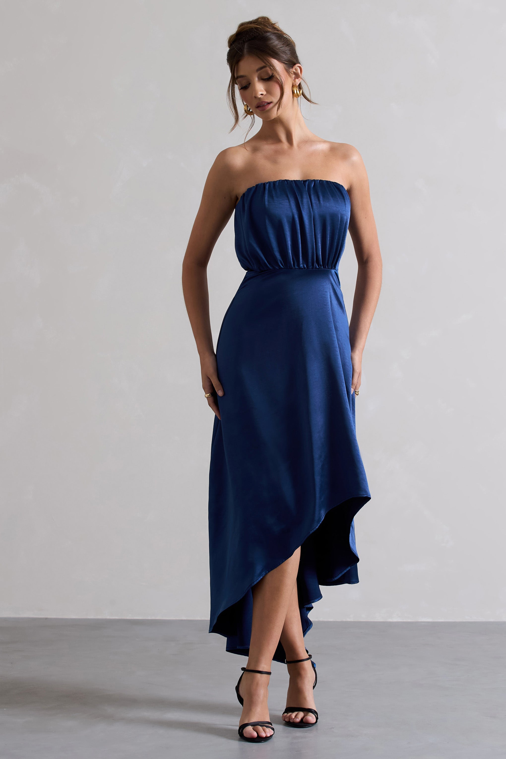 Willa | Navy Satin Bandeau Maxi Dress With Asymmetric Hem