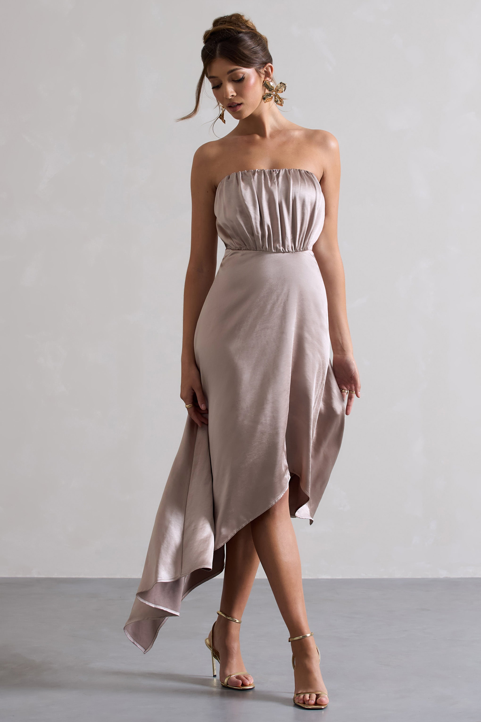 Willa | Taupe Satin Bandeau Maxi Dress With Asymmetric Hem