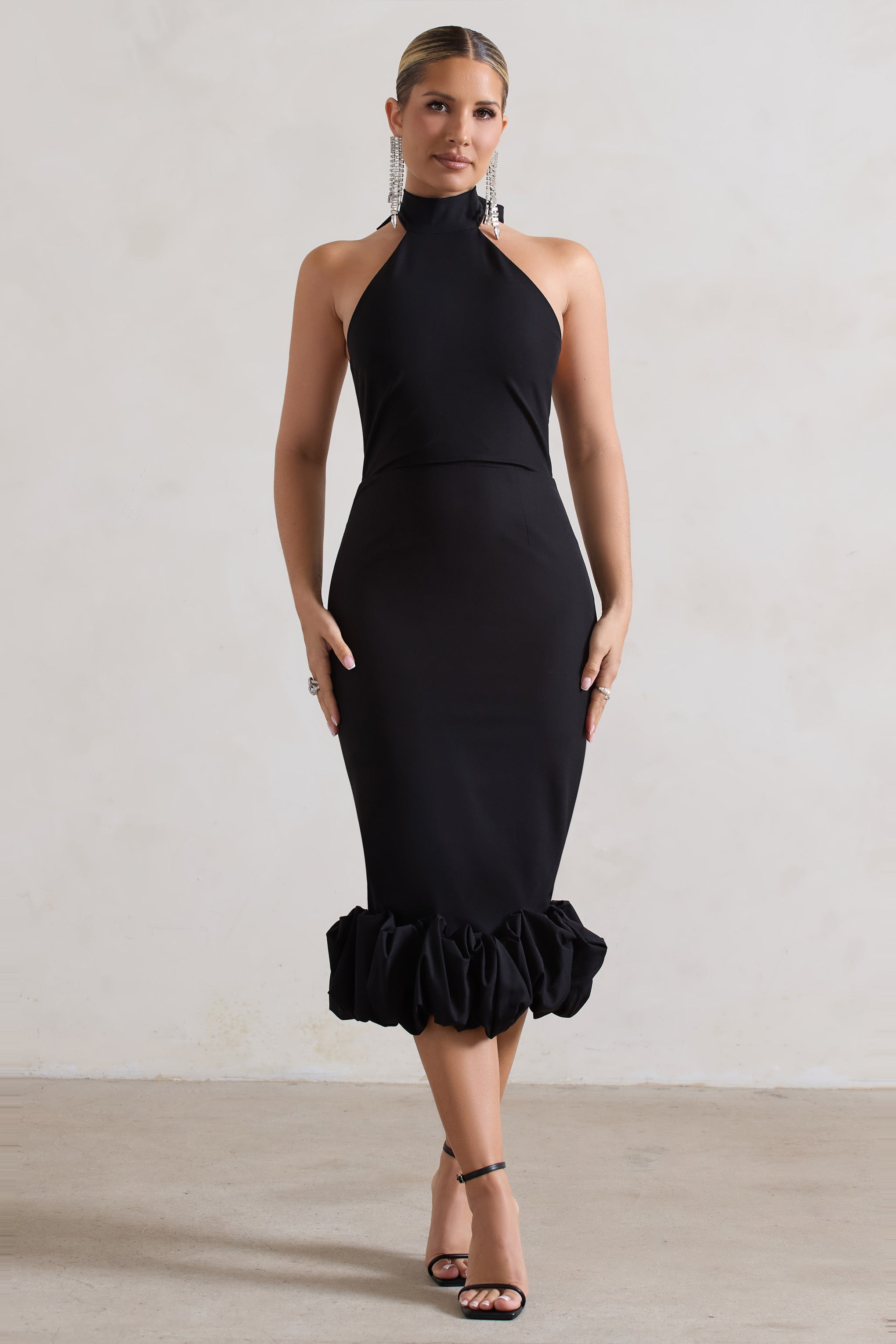 Ashton | Black High-Neck Midi Dress With Ruffle Hem
