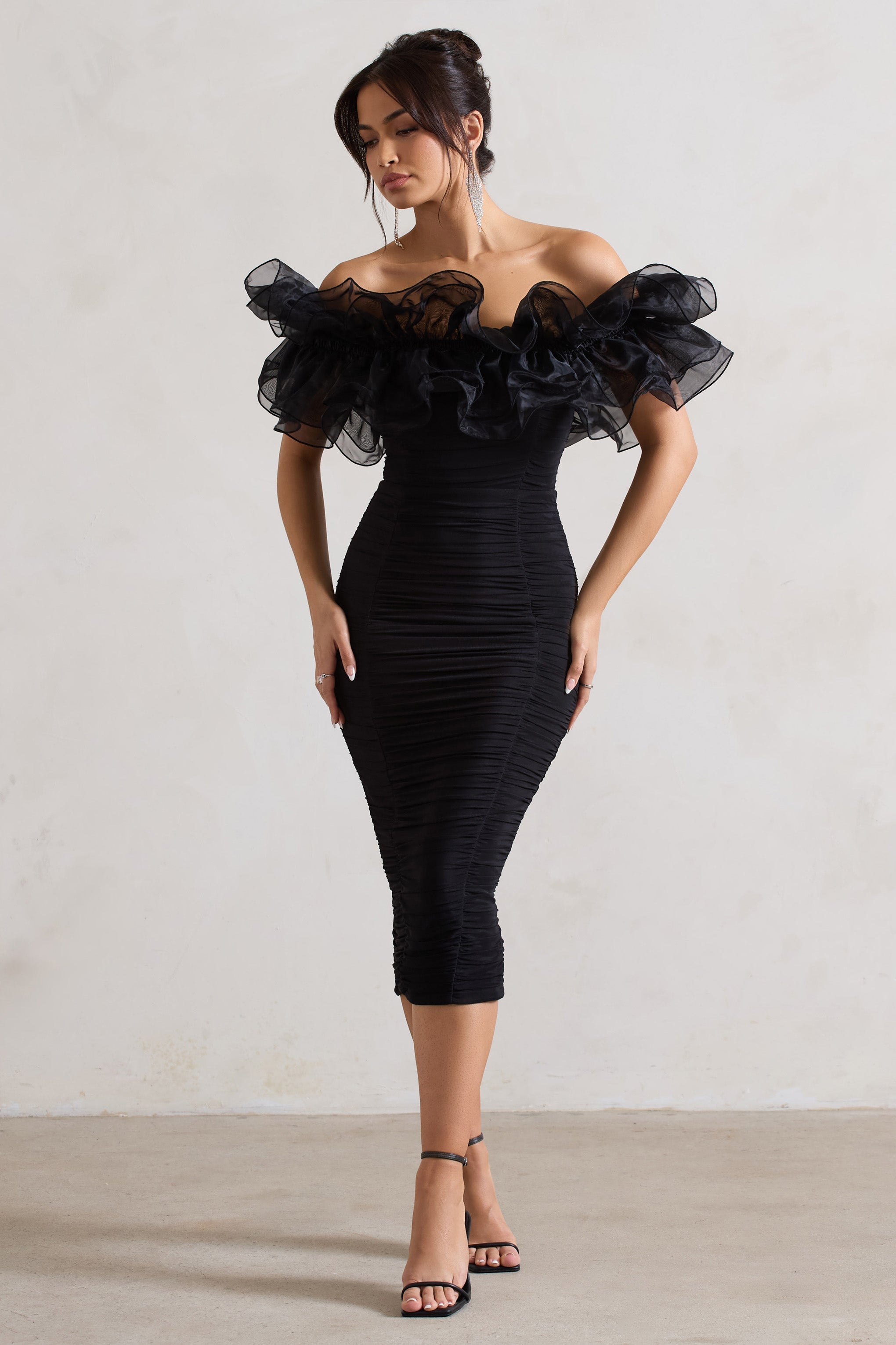 Ladylike | Black Ruched Bardot Midi Dress With Organza Trim