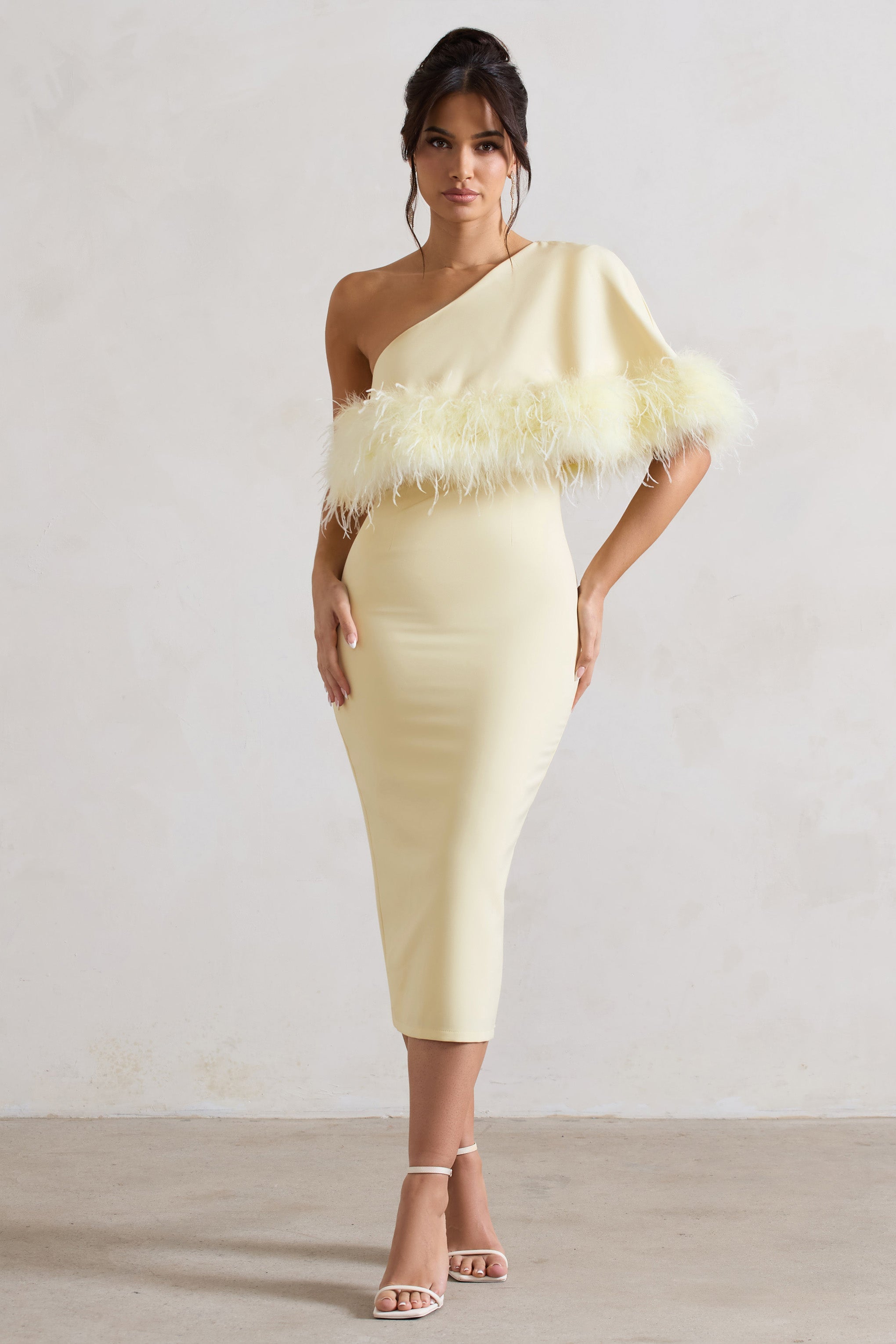 Victory | Lemon Asymmetric Midi Dress With Feather Trim