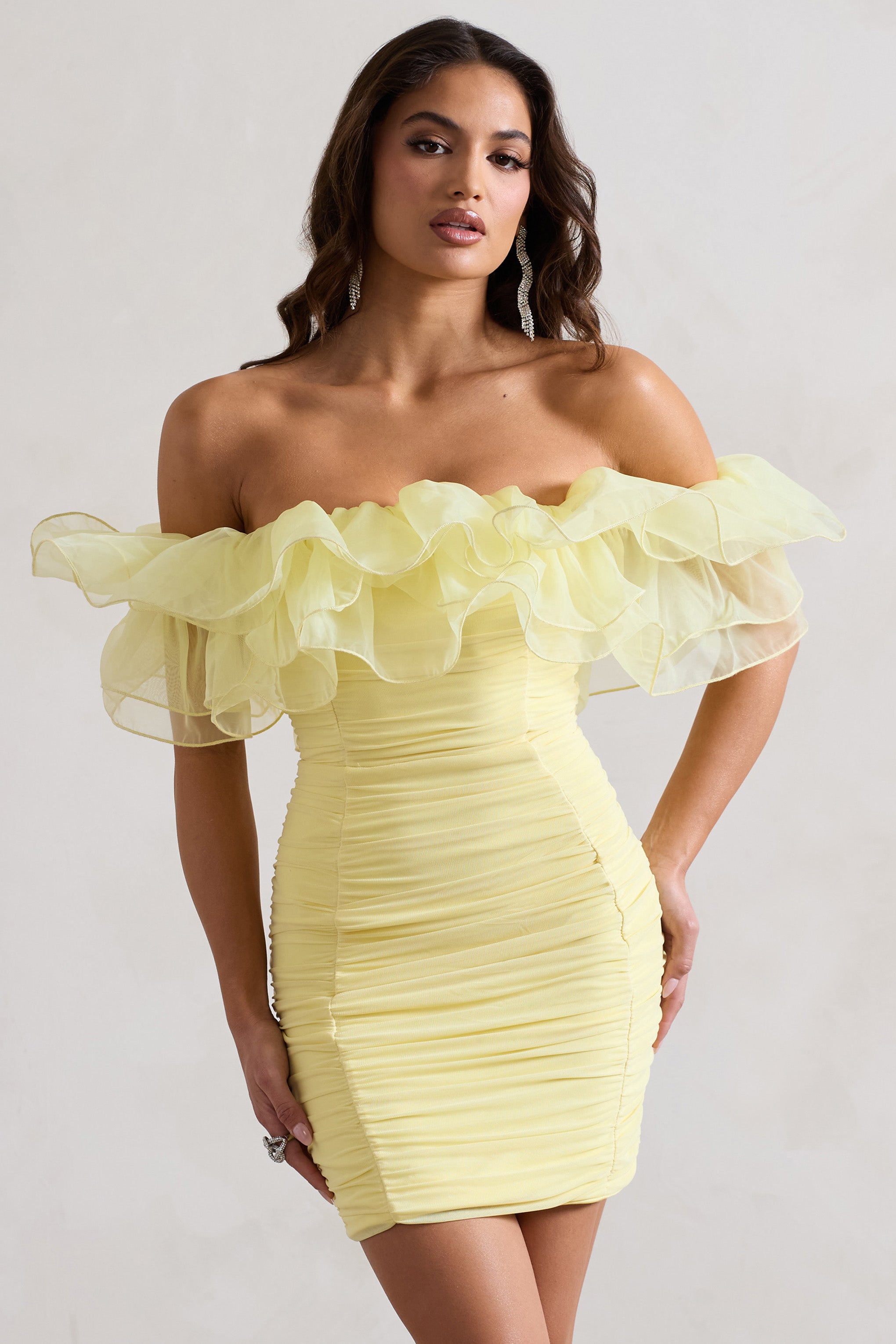 Waterlily | Lemon Ruched Bardot Mini Dress With Organza Trim