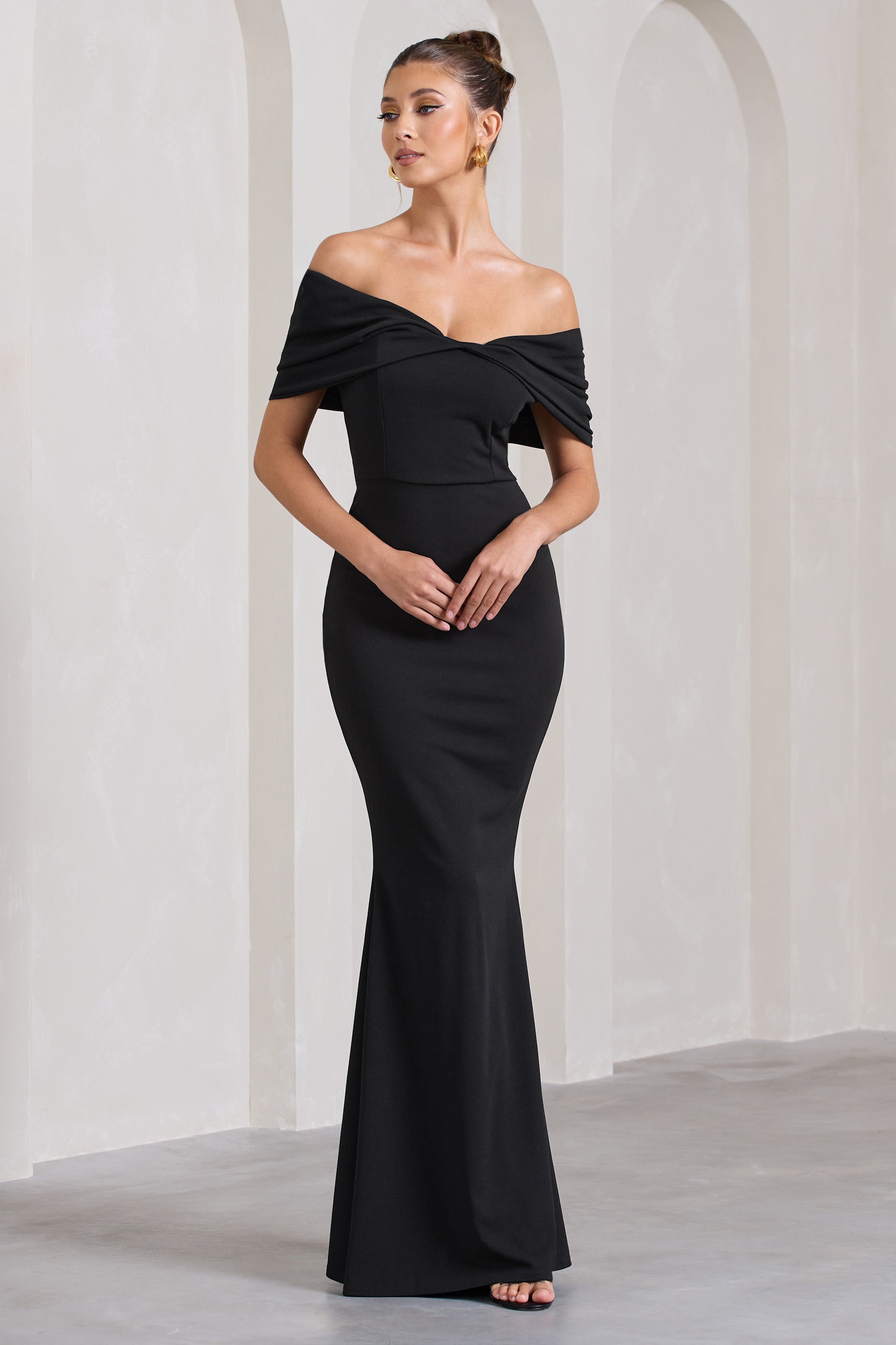 Dana | Black Bardot Maxi Dress With Short Gathered Sleeves