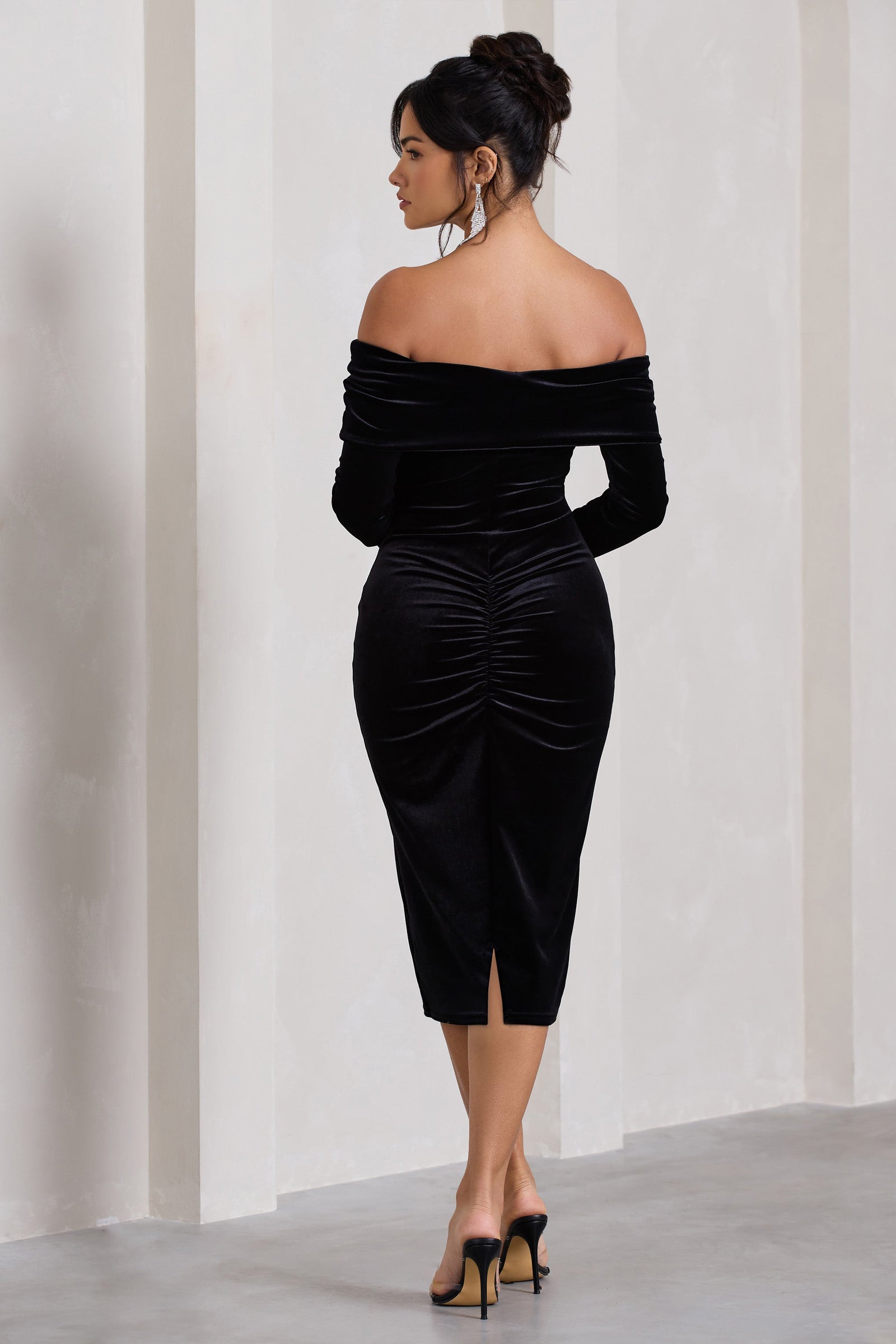 Law of Attraction Black Bardot Draped Split Maxi Dress – Club L