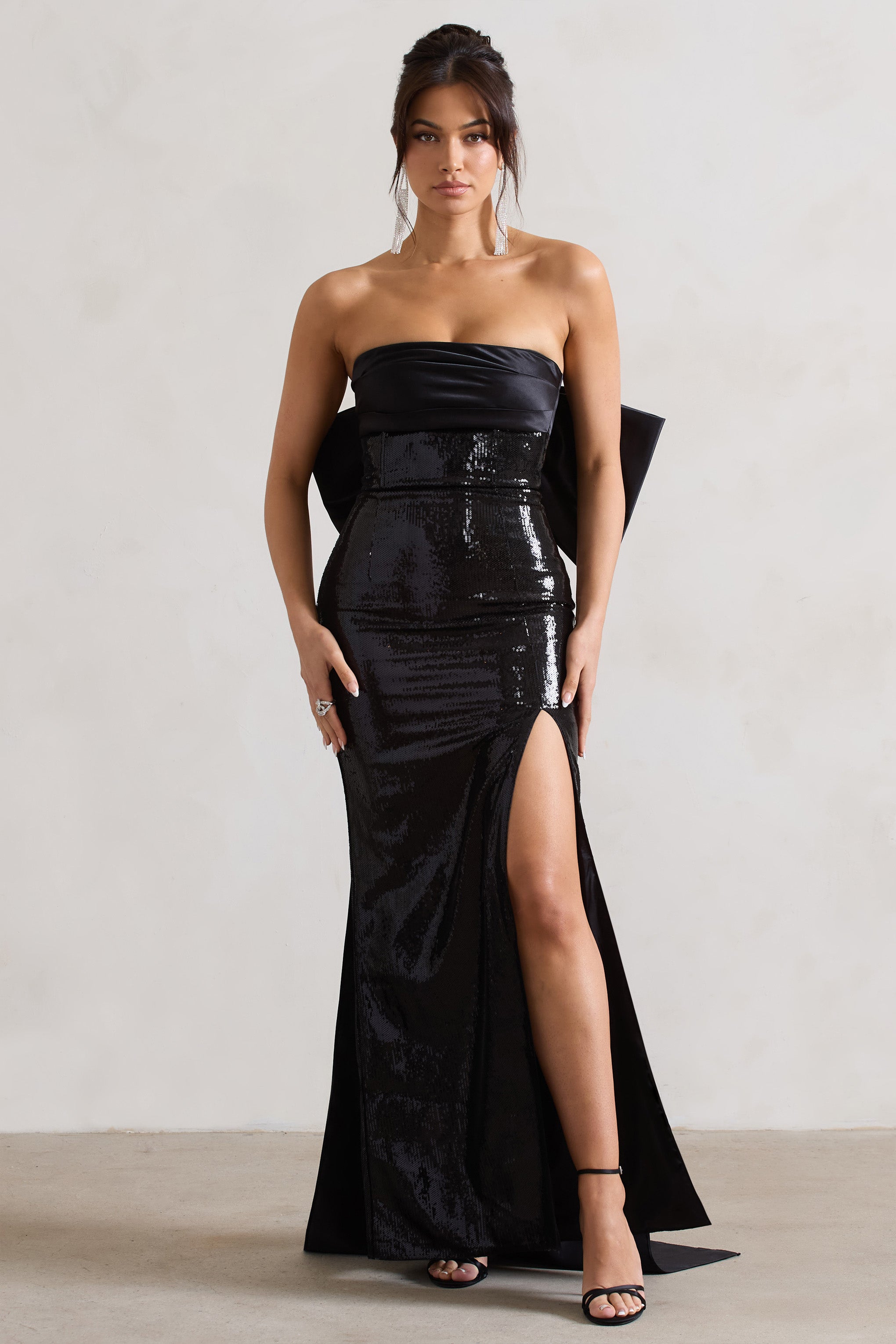 To You | Black Sequin Bandeau Split Maxi Dress With Oversized Bow