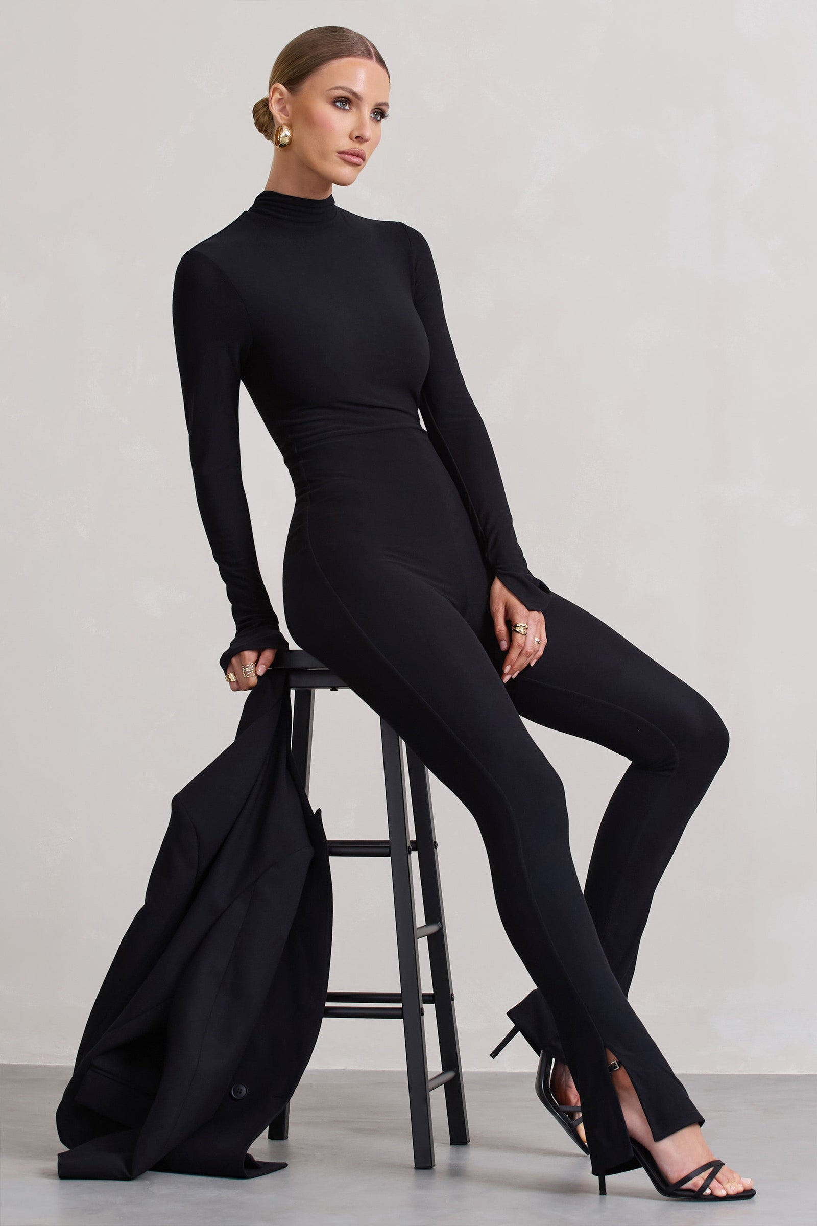 Elevated Black High-Neck Slim-Leg Jumpsuit With Long Sleeves – Club L  London - USA