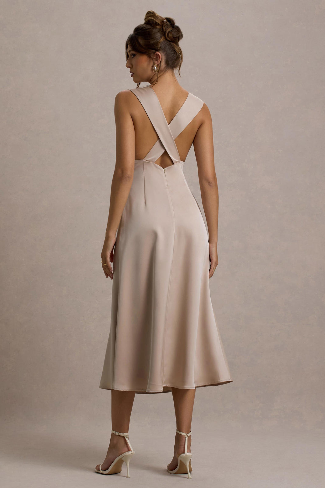 Luanna Ecru Satin Long-Sleeve Midi Dress With Draped Skirt
